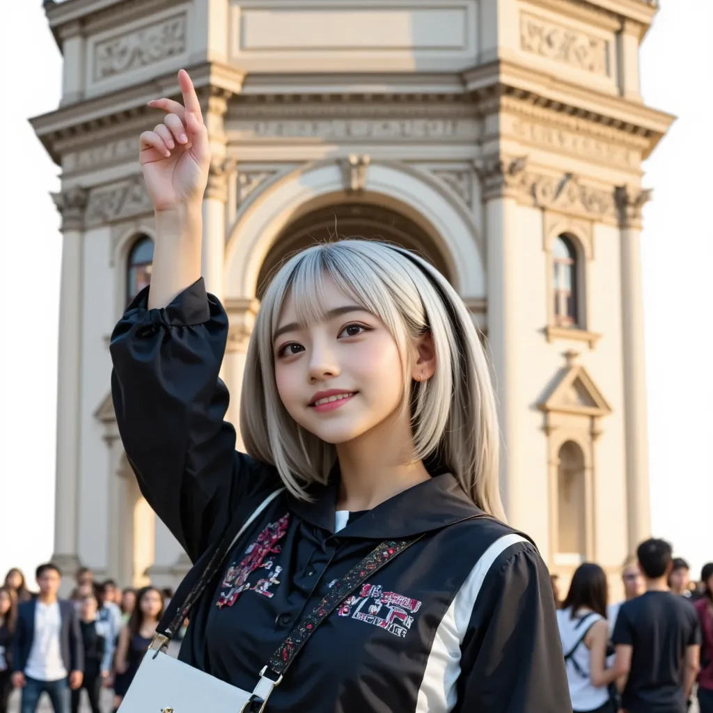 NSFW、A very young gothic ta girl with beautiful, shiny white hair raises her right hand and points at the sky、Arc de Triomphe