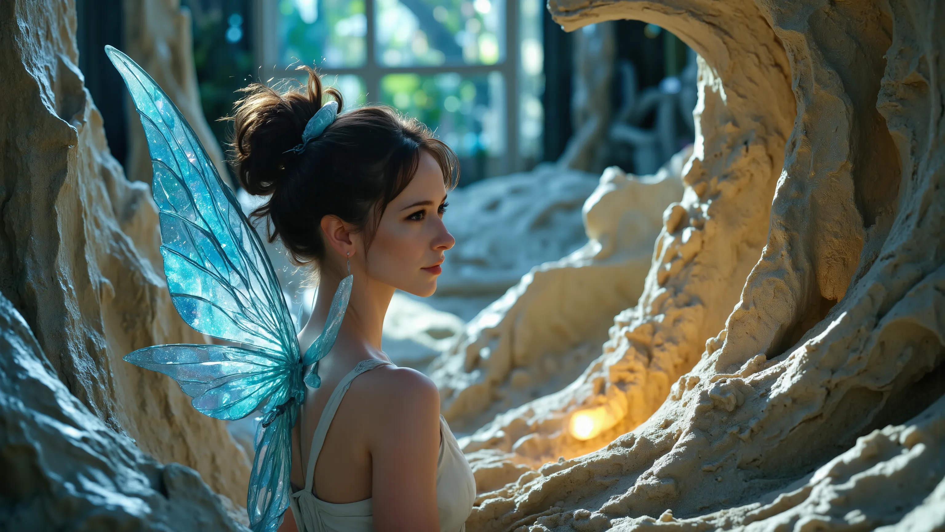 A sexy mystical fairy in a Kinetic Sand Temporal Flux style, where the passage of time is captured in the fluidity of sculpted sand. Fleeting shapes are illuminated by hints of blue and yellow, with a delicate interplay of light and shadow emphasising life...