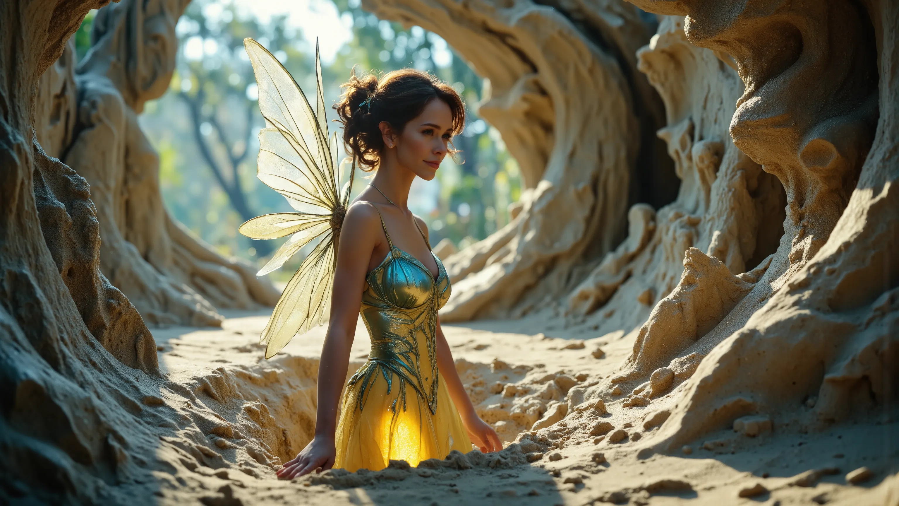 A sexy mystical fairy in a Kinetic Sand Temporal Flux style, where the passage of time is captured in the fluidity of sculpted sand. Fleeting shapes are illuminated by hints of blue and yellow, with a delicate interplay of light and shadow emphasising life...