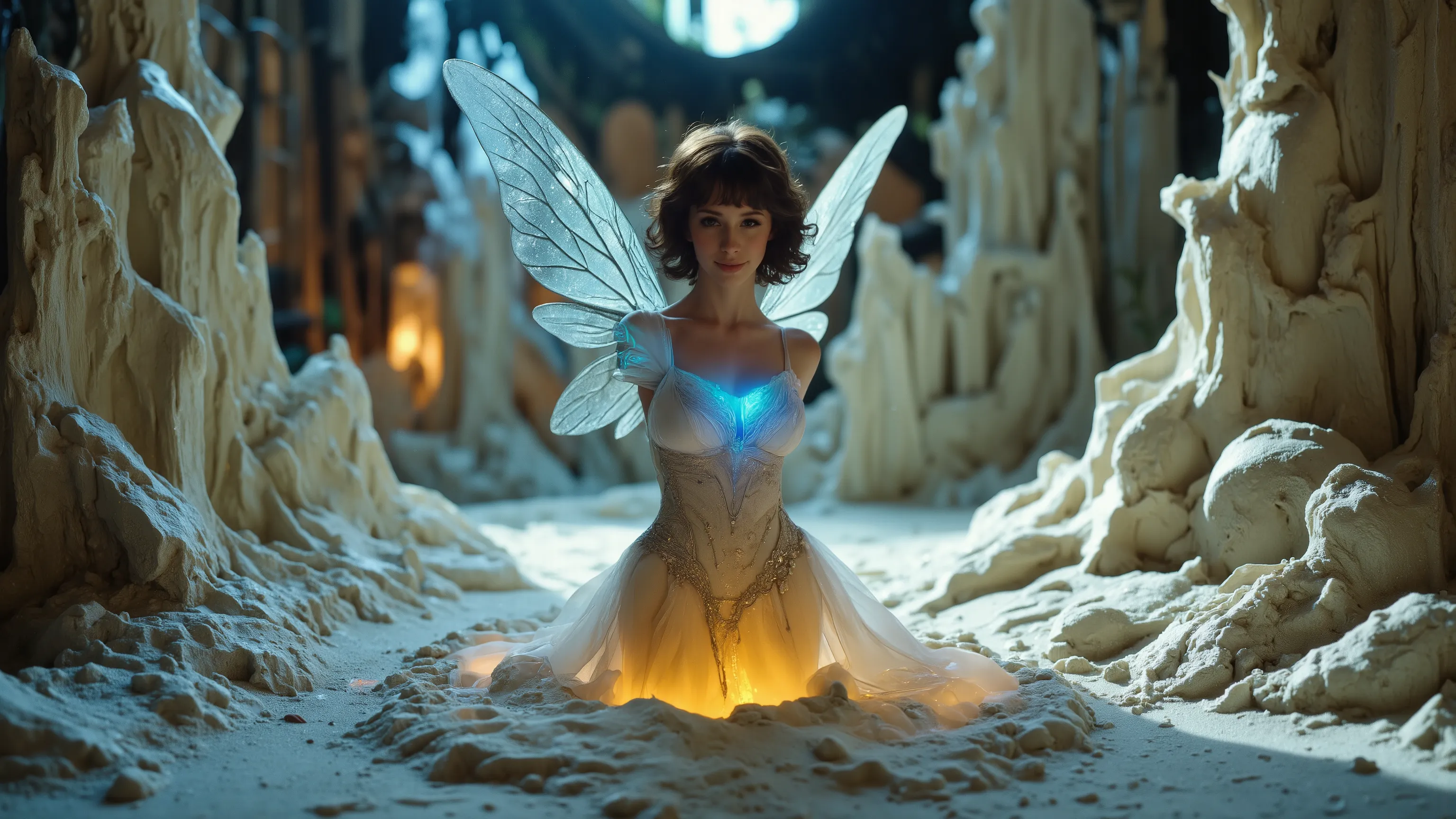 A sexy mystical fairy in a Kinetic Sand Temporal Flux style, where the passage of time is captured in the fluidity of sculpted sand. Fleeting shapes are illuminated by hints of blue and yellow, with a delicate interplay of light and shadow emphasising life...