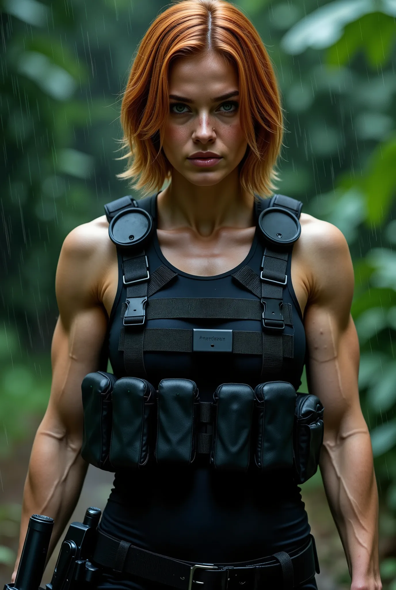 (close-up shot), (facing forwards), looking directly into the camera, A stunning skinny fashion model in full black military gear with tactical vest, utility belt, handgun holster on her side, comm's device, and she is holding a military hand gun. wet shor...