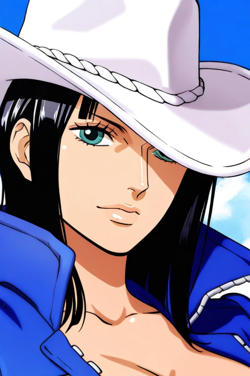 Nico robin ,close up of a woman in a cowboy hat and blue jacket, 