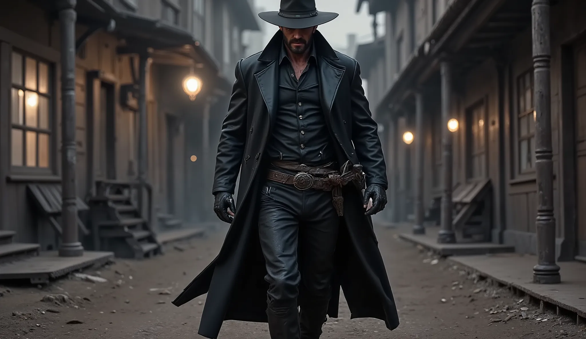 A hyperrealistic, cinematic low-angle shot in 16:9 aspect ratio of Jack Crowley, the gunslinger, walking steadily forward on a shadowy, uneven dirt path. His long black leather overcoat sways with each step, and a wide-brimmed hat partially shades his face...