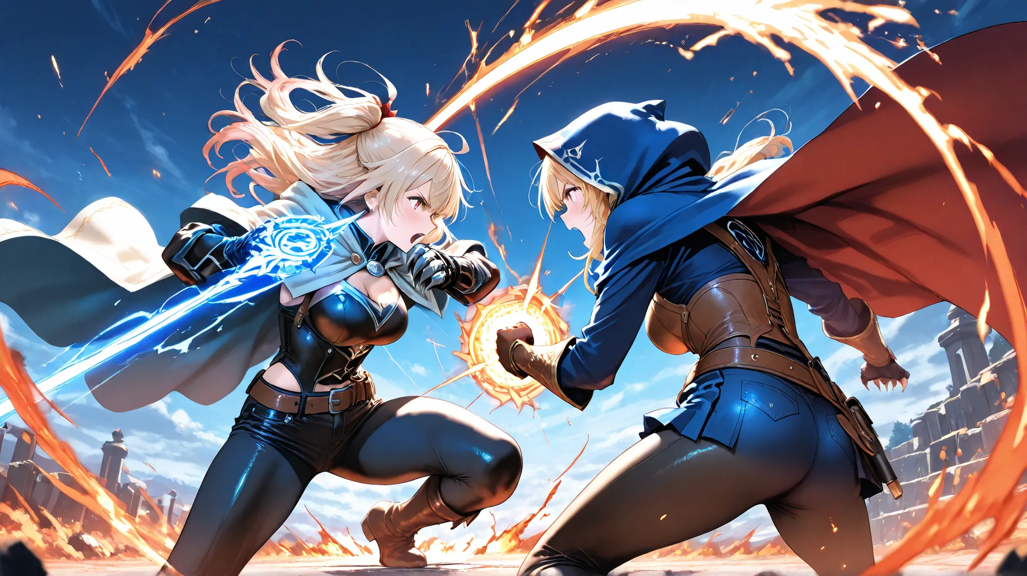 a dramatic battle scene between two anthropomorphic cat warriors, one casting elemental spells with fire and water, wearing a mage's cloak with runes, and the other a wild-haired fighter in leather and denim, slashing through magic with claws and energy, e...