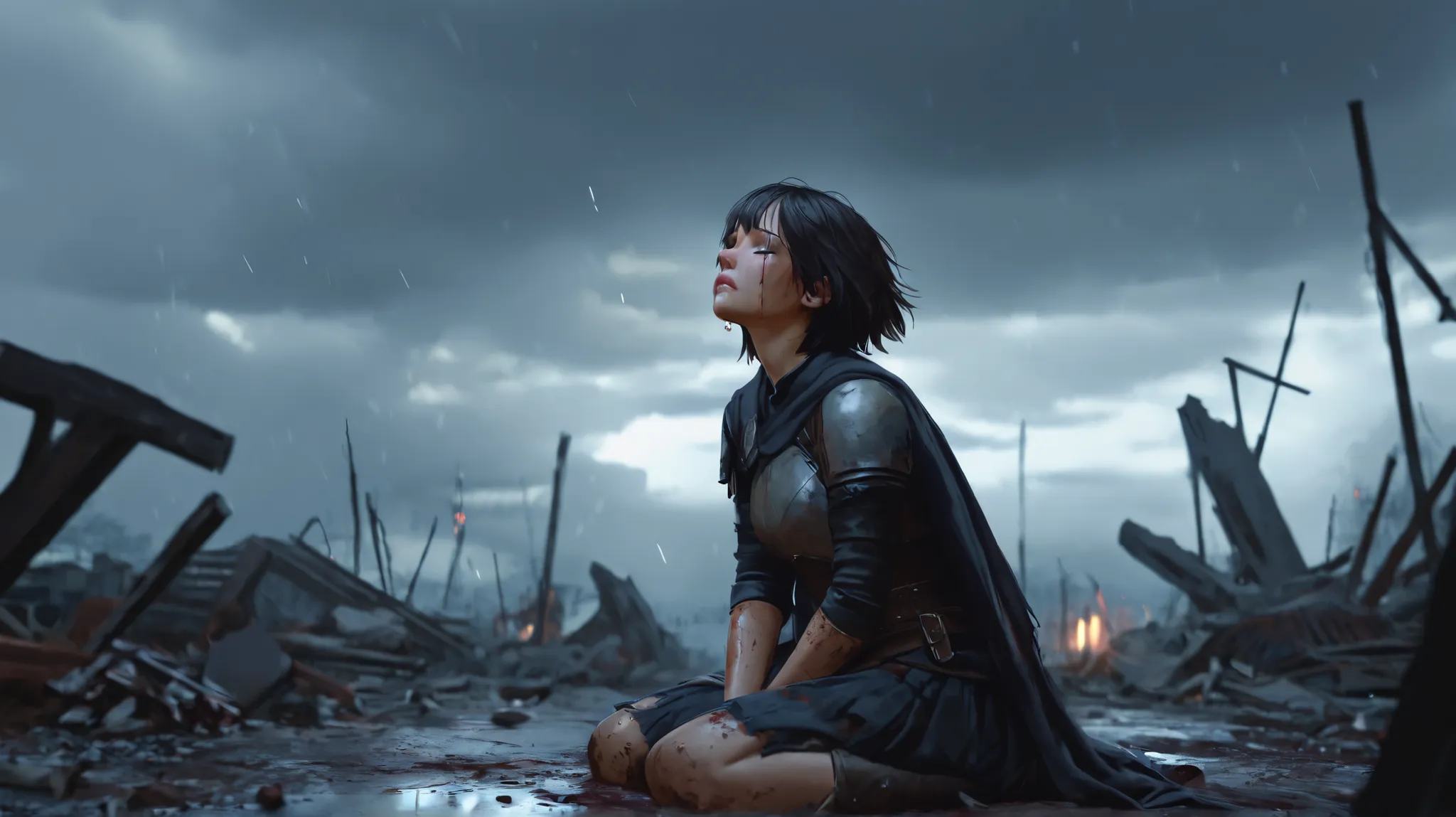 a sad, broken girl archer crying under a grey, medieval theme rainy sky on a battlefield, she lost her beloved warrior, she is looking up and calling outdetailed portrait of a young girl, short dark hair, tear-stained face, eyes closed, mouth open in angui...
