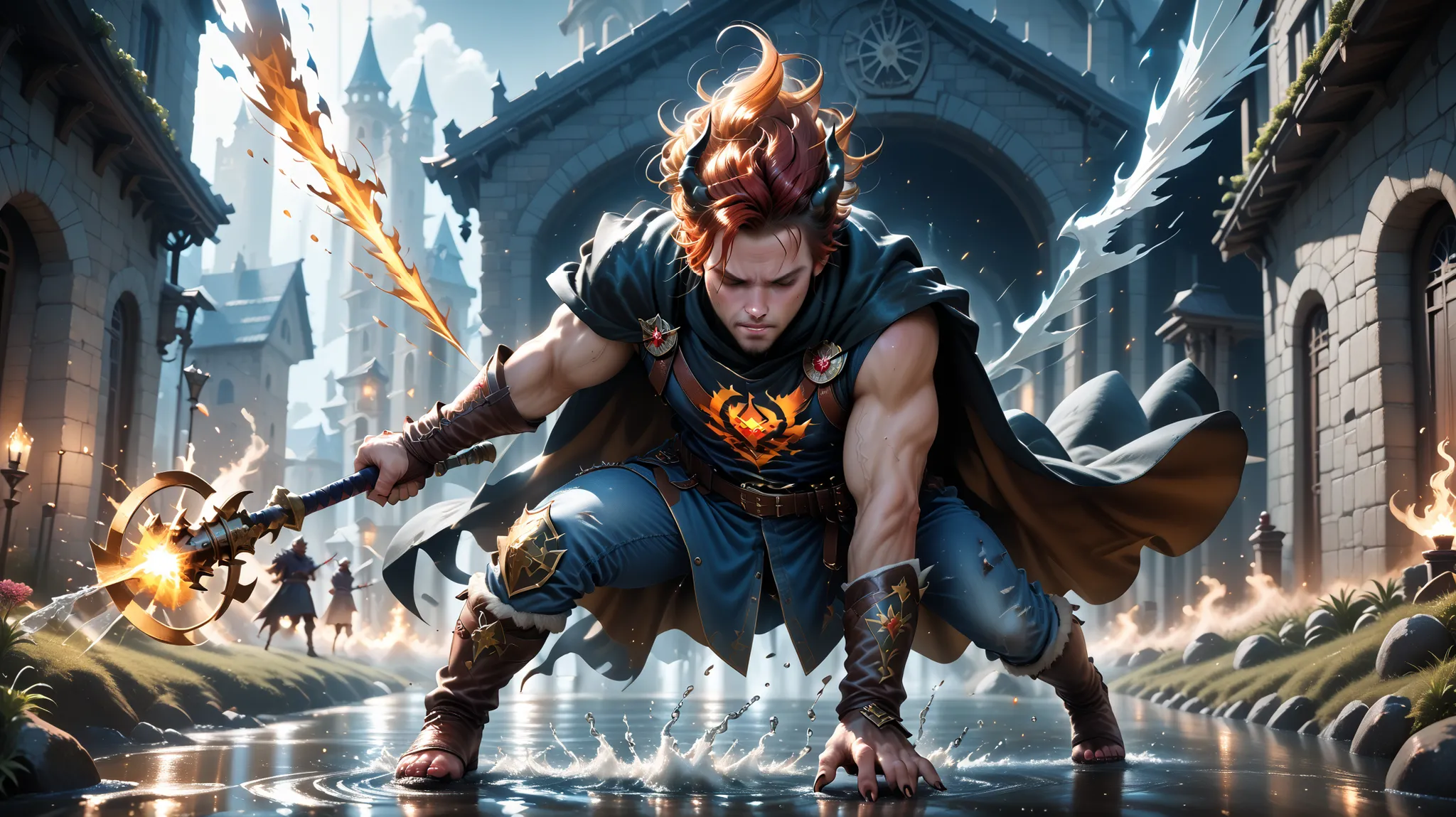 a dramatic battle scene between two anthropomorphic cat warriors, one casting elemental spells with fire and water, wearing a mage's cloak with runes, and the other a wild-haired fighter in leather and denim, slashing through magic with claws and energy, e...