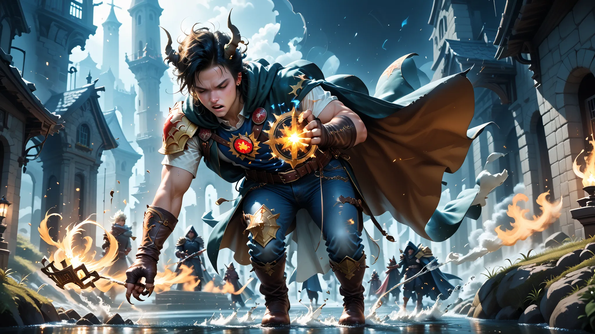 a dramatic battle scene between two anthropomorphic cat warriors, one casting elemental spells with fire and water, wearing a mage's cloak with runes, and the other a wild-haired fighter in leather and denim, slashing through magic with claws and energy, e...