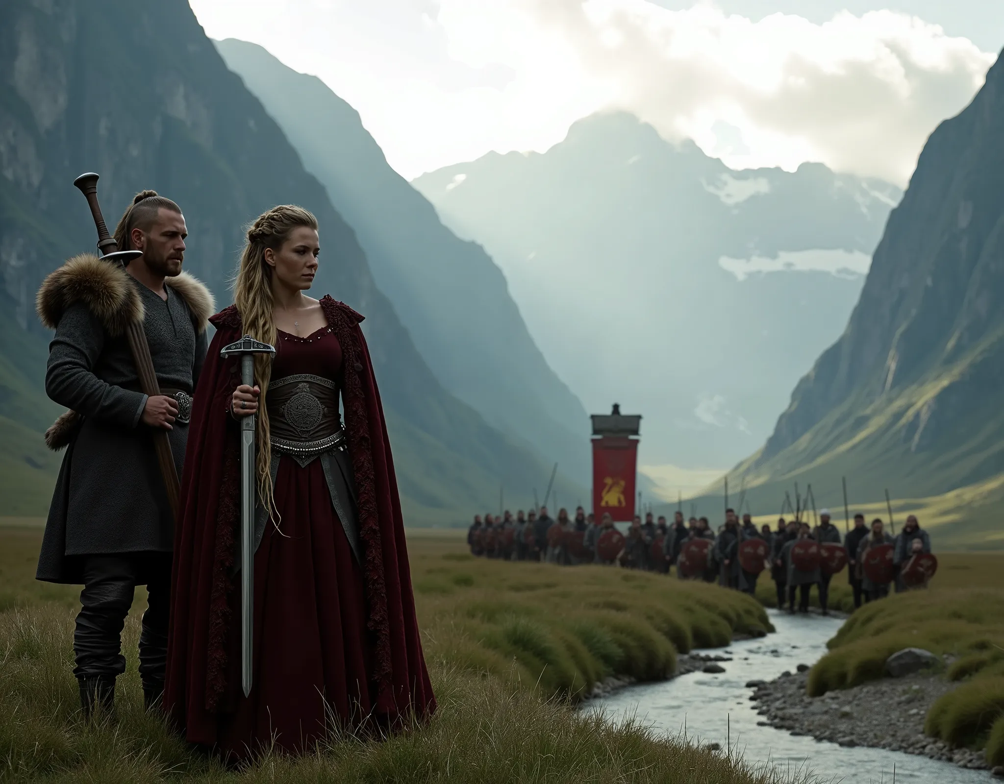 Steep and dramatic mountains are towering in the background and are slightly obfuscated by low clouds as dawn breaks and sunrays pierce through the cloud cover. A stream snakes its way down the fjord valley, revealing an ornate stave-church on the far rive...