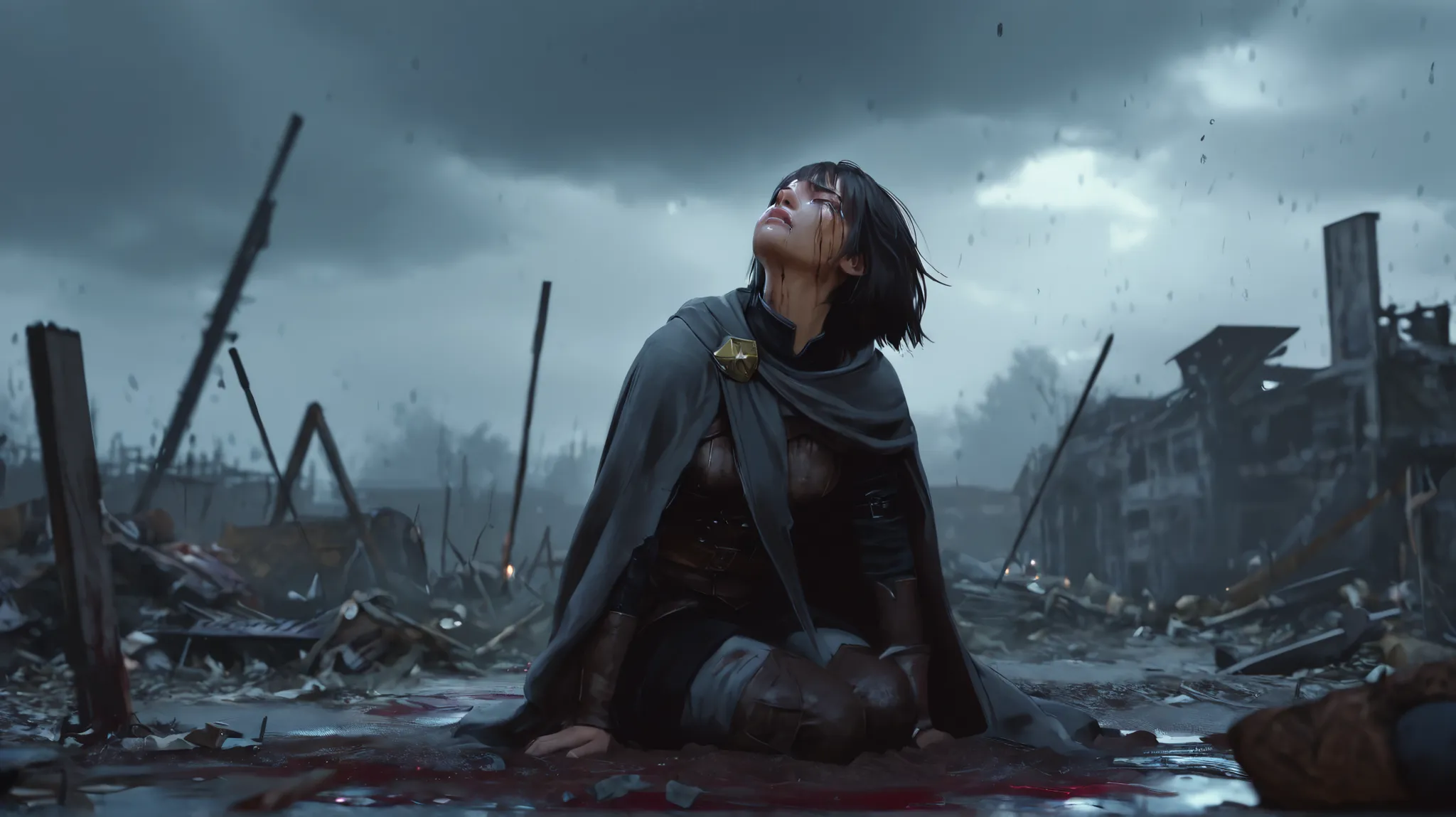 a sad, broken girl archer crying under a grey, medieval theme rainy sky on a battlefield, she lost her beloved warrior, she is looking up and calling outdetailed portrait of a young girl, short dark hair, tear-stained face, eyes closed, mouth open in angui...
