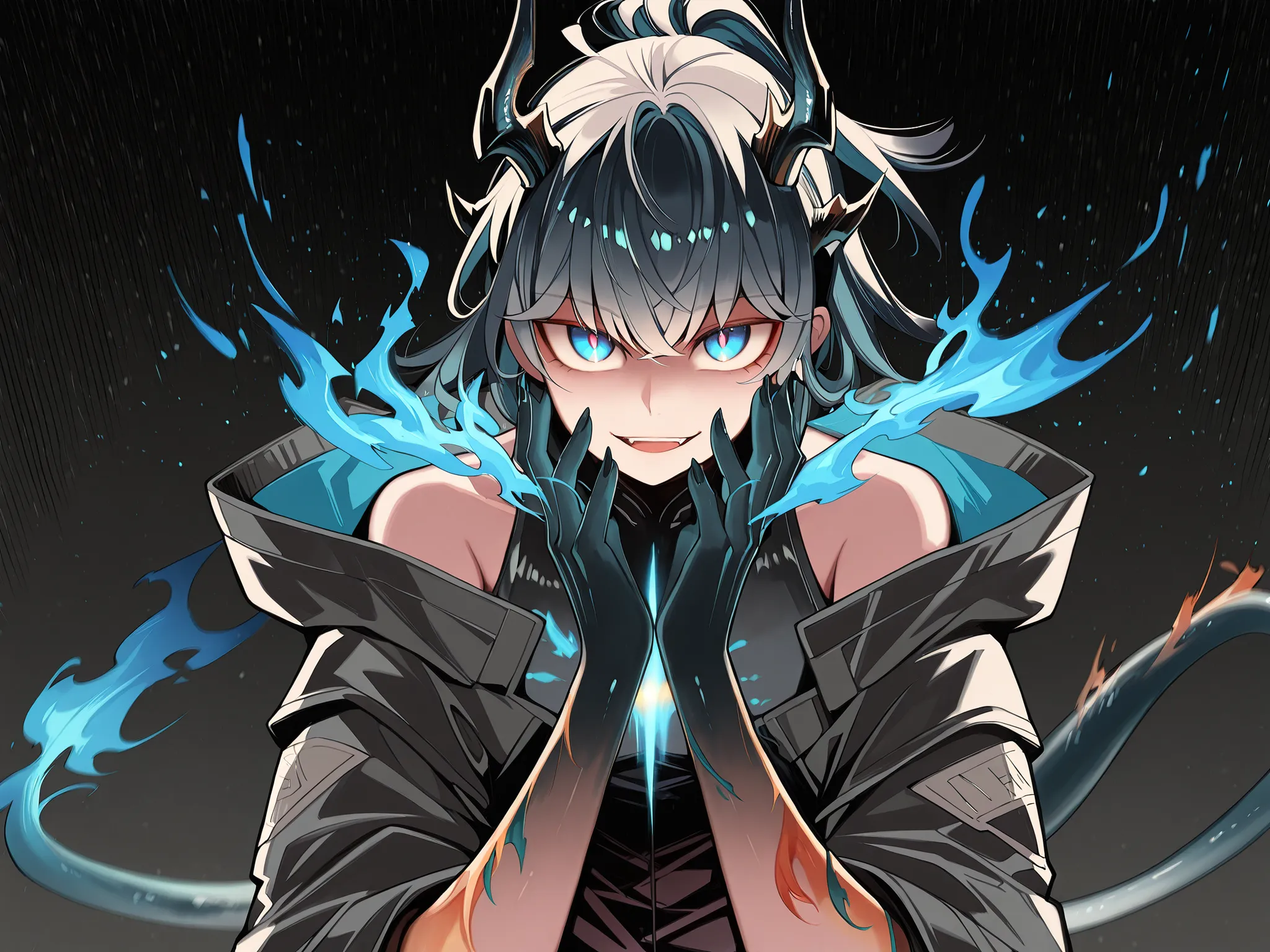 Alone, 1 boy, Young character, Character with height of Nian from "Arknights", character is male, young,
black horns like Reed The Flame Shadow from "Arknights", black tail like Reed The Flame Shadow from "Arknights" (but with blue flame on the tip);
Bla...