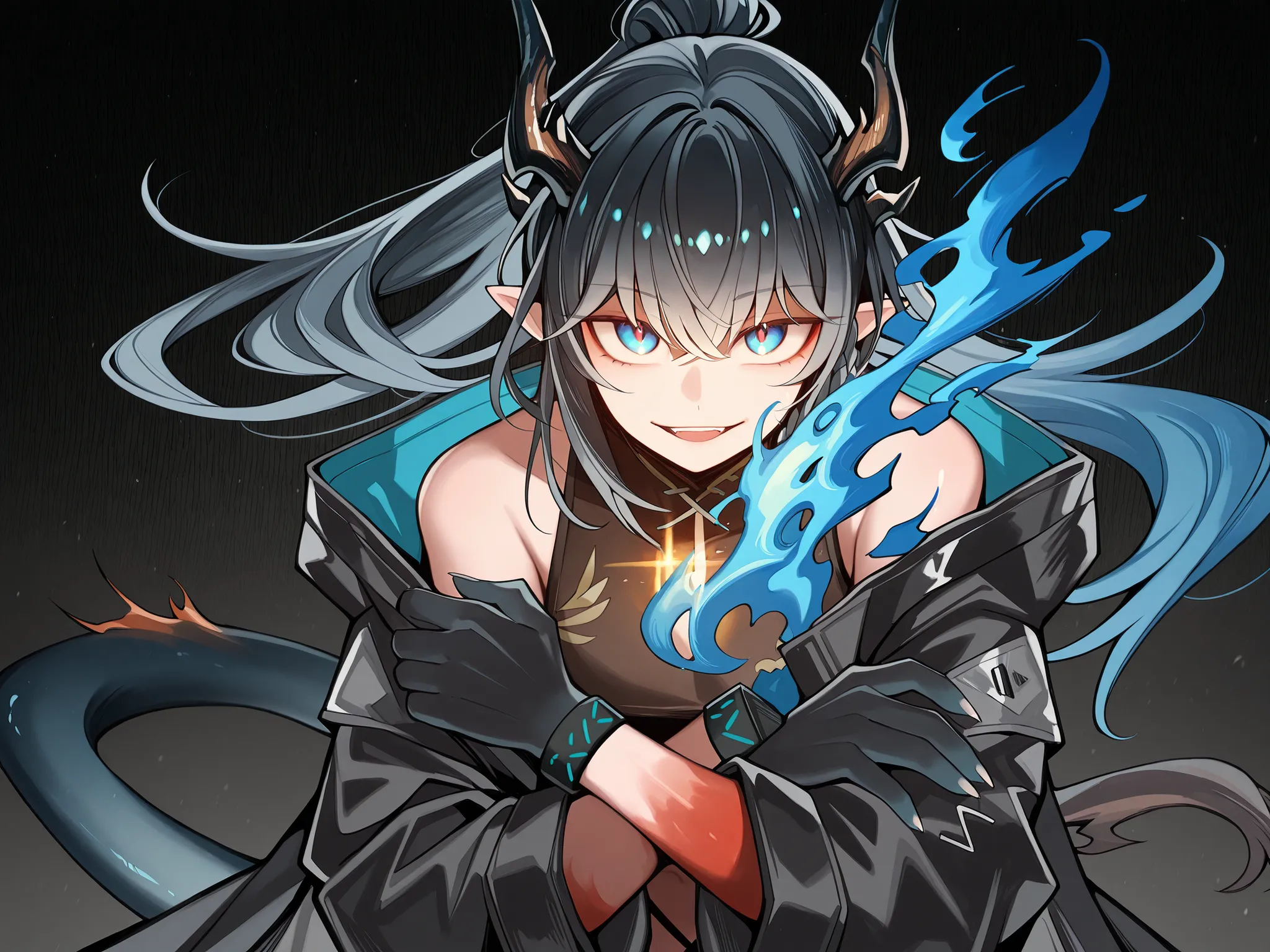 Alone, 1 boy, Young character, Character with height of Nian from "Arknights", character is male, young, hair like Reed The Flame Shadow's (but black) tied in a long ponytail, black horns like Reed The Flame Shadow from "Arknights", black tail like Reed Th...