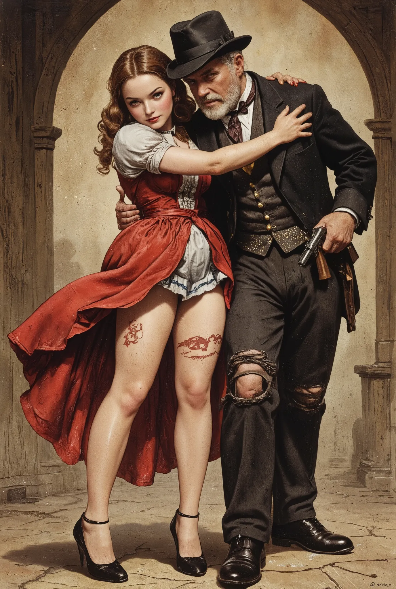 The Wandering Whore of Oz, antqgldnCE style, illustration, nsfw, for Adults, Photorealism, ((A scene from an action movie)), Highly detailed, 19th century photograph, antique photograph, sepia-toned photograph, Fairy tale for adults, Dorothy is a cheerful...