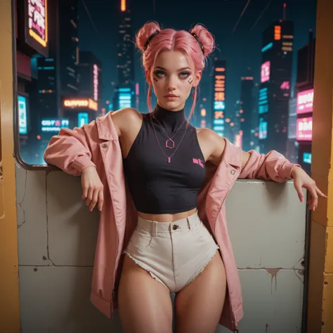 Beautiful girl,  cyberpunk city, Bright pink hair , hairstyle two buns on the sides