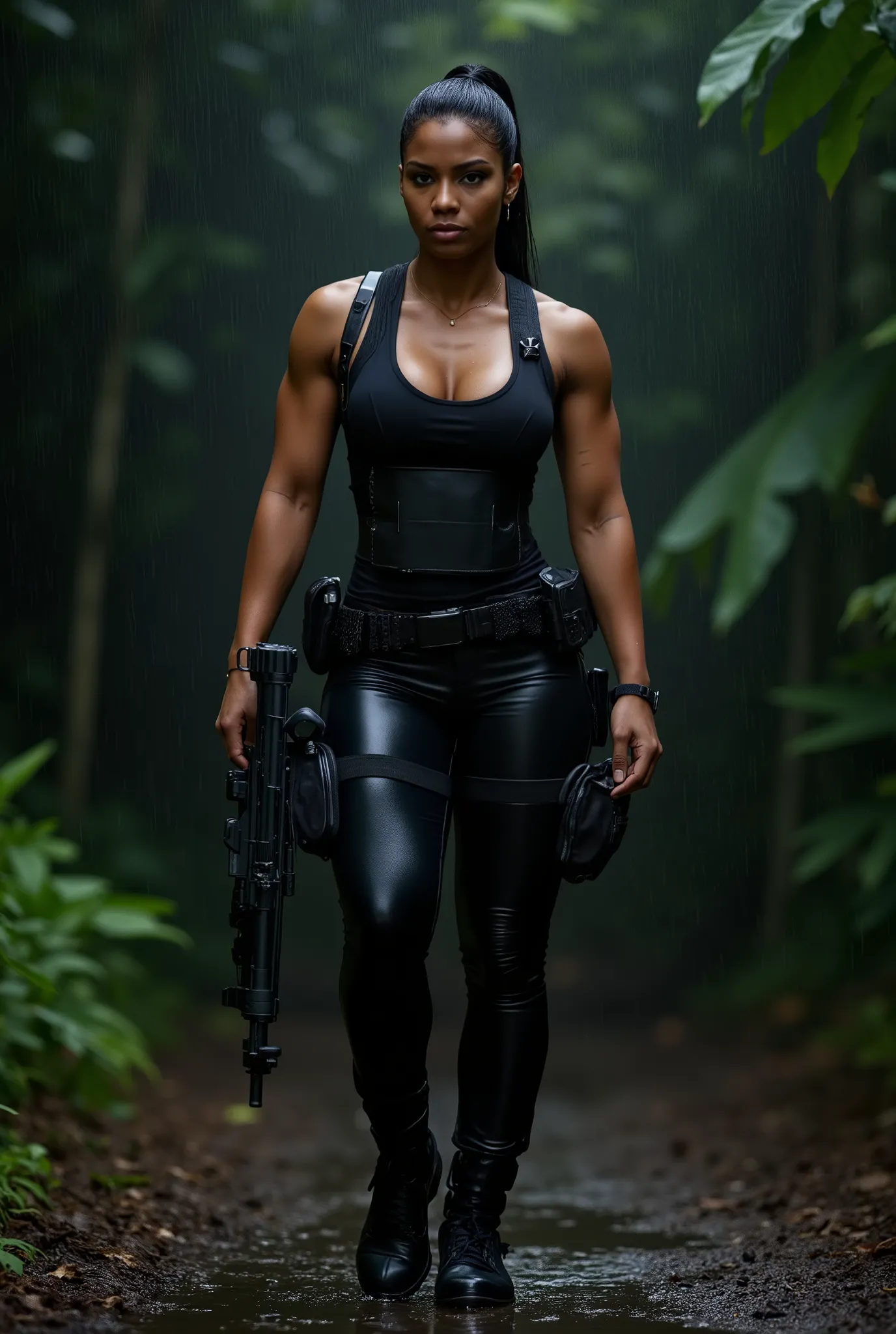 (full body view:1.9), A stunning skinny African-American fashion model in full black military gear with tactical vest, utility belt, handgun holster on her side, comm's device, tactical bullet proof vest, and she is holding a military sniper rifle. She has...