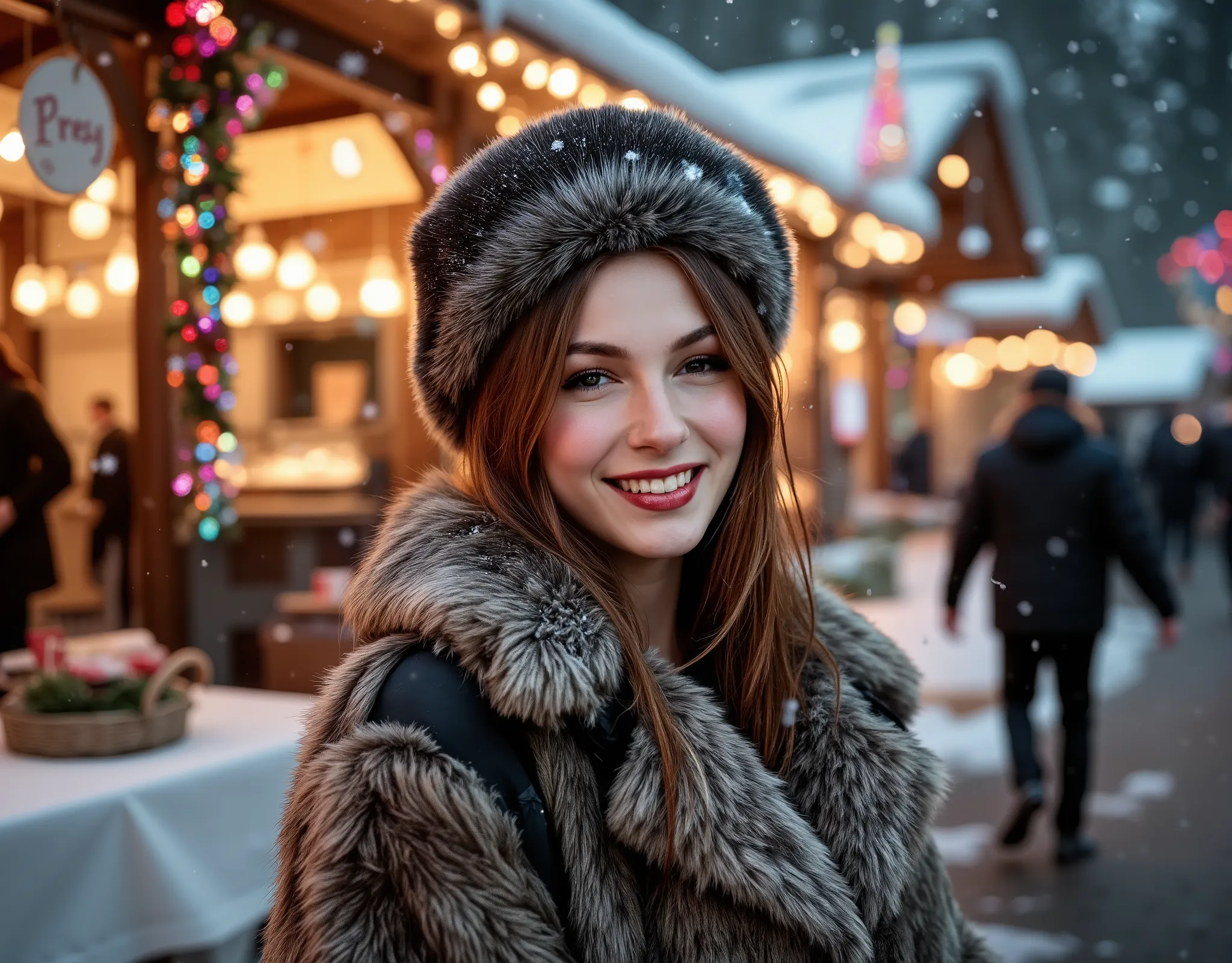 woman with long hair, wearing a fur coat and a fur hat, smiling, happy attitude, outside, christmas fair with lot's of decorations and christmas lights in the background, heavy snowing, 