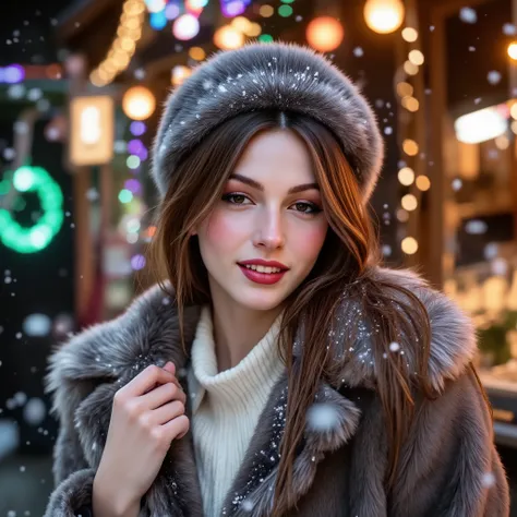  woman with long hair, wearing a fur coat and a fur hat, smiling, happy attitude, outside, christmas fair with lot's of decorations and christmas lights in the background, heavy snowing, 