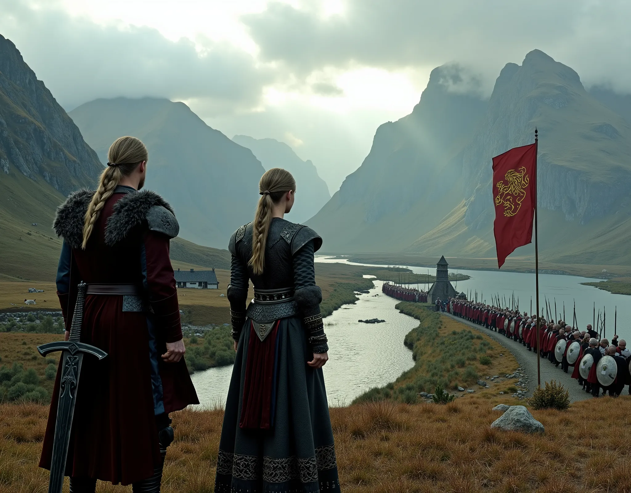 Steep and dramatic mountains are towering in the background and are slightly obfuscated by low clouds as dawn breaks and sunrays pierce through the cloud cover. A stream snakes its way down the fjord valley, revealing an ornate stave-church on the far rive...