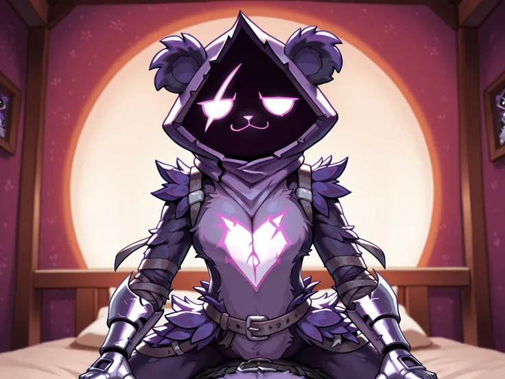 ((((Raven Team Leader)))), purple hood, animal ears, shaded face, purple skin, scar on eye, (furry), (body fur), purple fur, belt, straps, :3, torso symbol, metal gloves, upper body, looking at viewer, circle eyes, expressionless, ((straddling)) on bed, be...