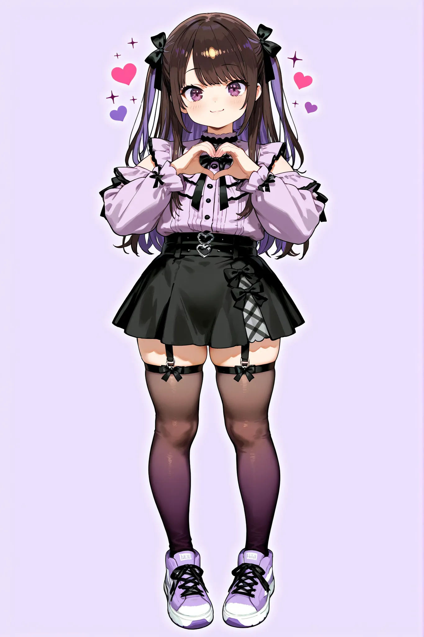 cute anime otoko no ko, jirai_kei, gothic_ta, dark brown and purple gradation medium-length hair, big sparkling brown and lavender eyes, black bows in hair, black skirt, garter straps, legwear garter pantyhose, soft pastel aesthetic, surrounded by small he...