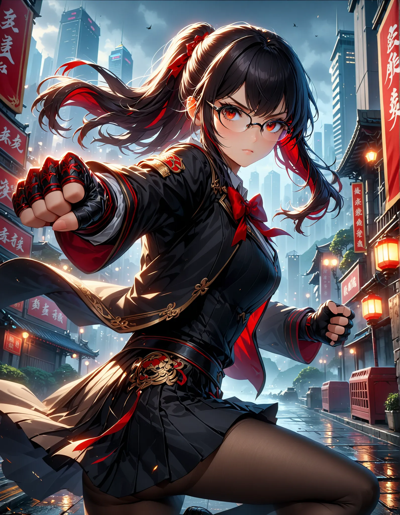 masterpiece, best quality, intricate details, detailed background, high res, one girl, long jet black hair with red streaks, glasses, (fingerless gloves), school uniform, grey pantyhose, long sleeve, jacket, loafer,(best quality,4k,8k,highres,masterpiece:1...