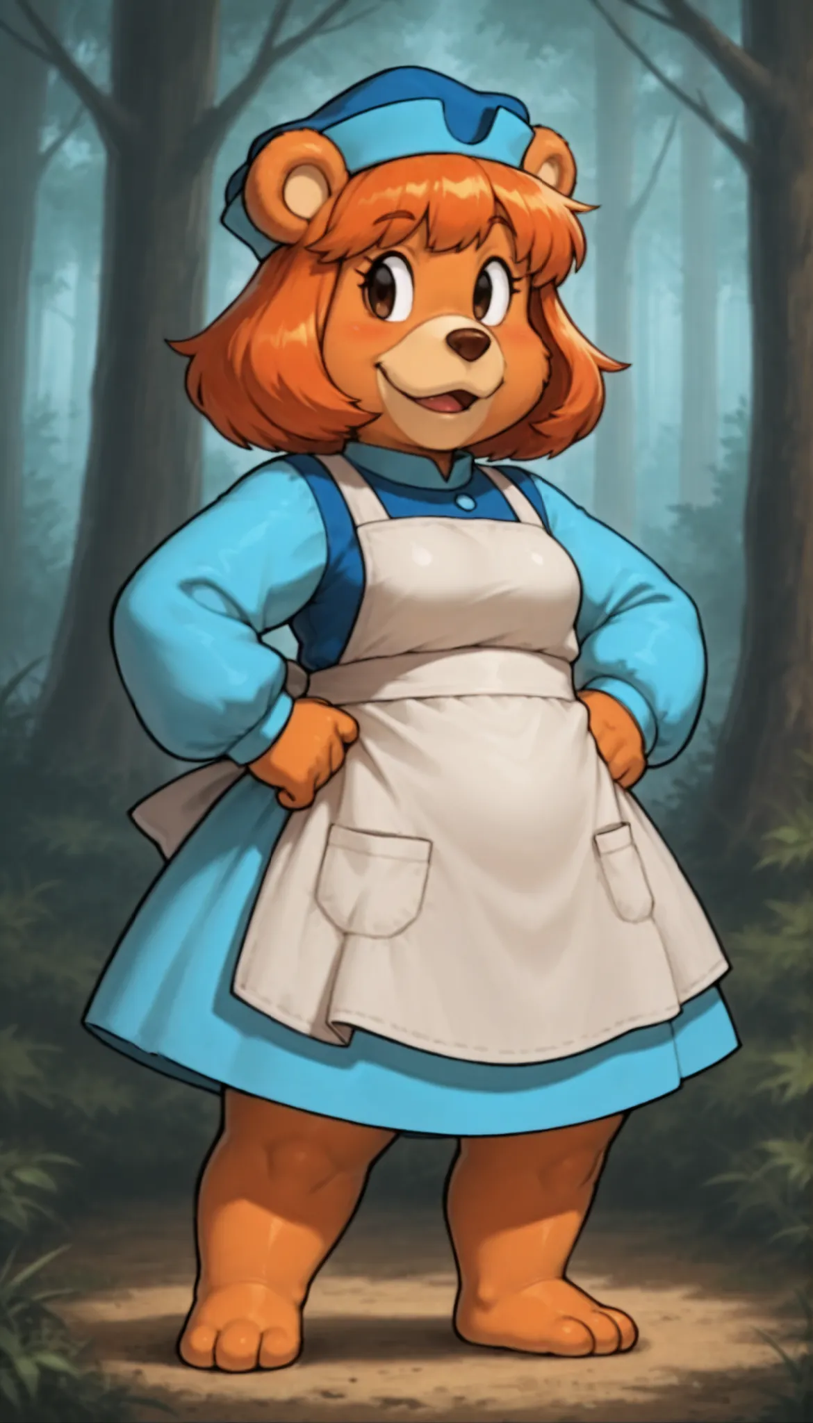 score_9, score_8_up, score_7_up, (masterpiece, best quality, very aesthetic, absurdres, source furry, artist:sakura, shaded,) 1girl, solo, (short), plump, female,bear, blue dress, long sleeves, apron, blue hat, orange hair, orange body fur, forest on backg...