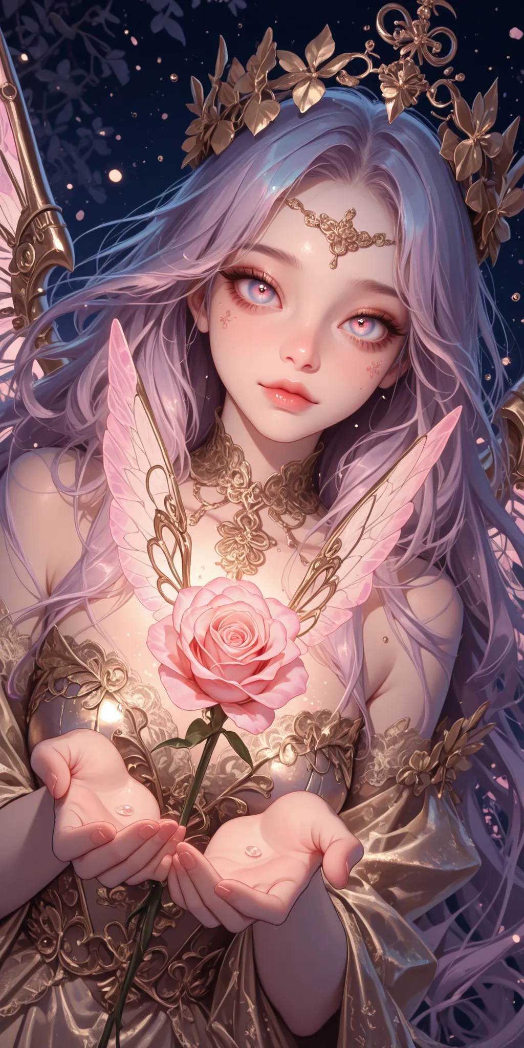 Woman, adult, mechanical wings, golden gown, lace, ornate, reaching out with one hand while holding a glowing pink rose in the other, close up, dynamic pose, dynamic angle, intricate flowers, more close up, spring garland, grayscale, vibrant colors, whimsi...