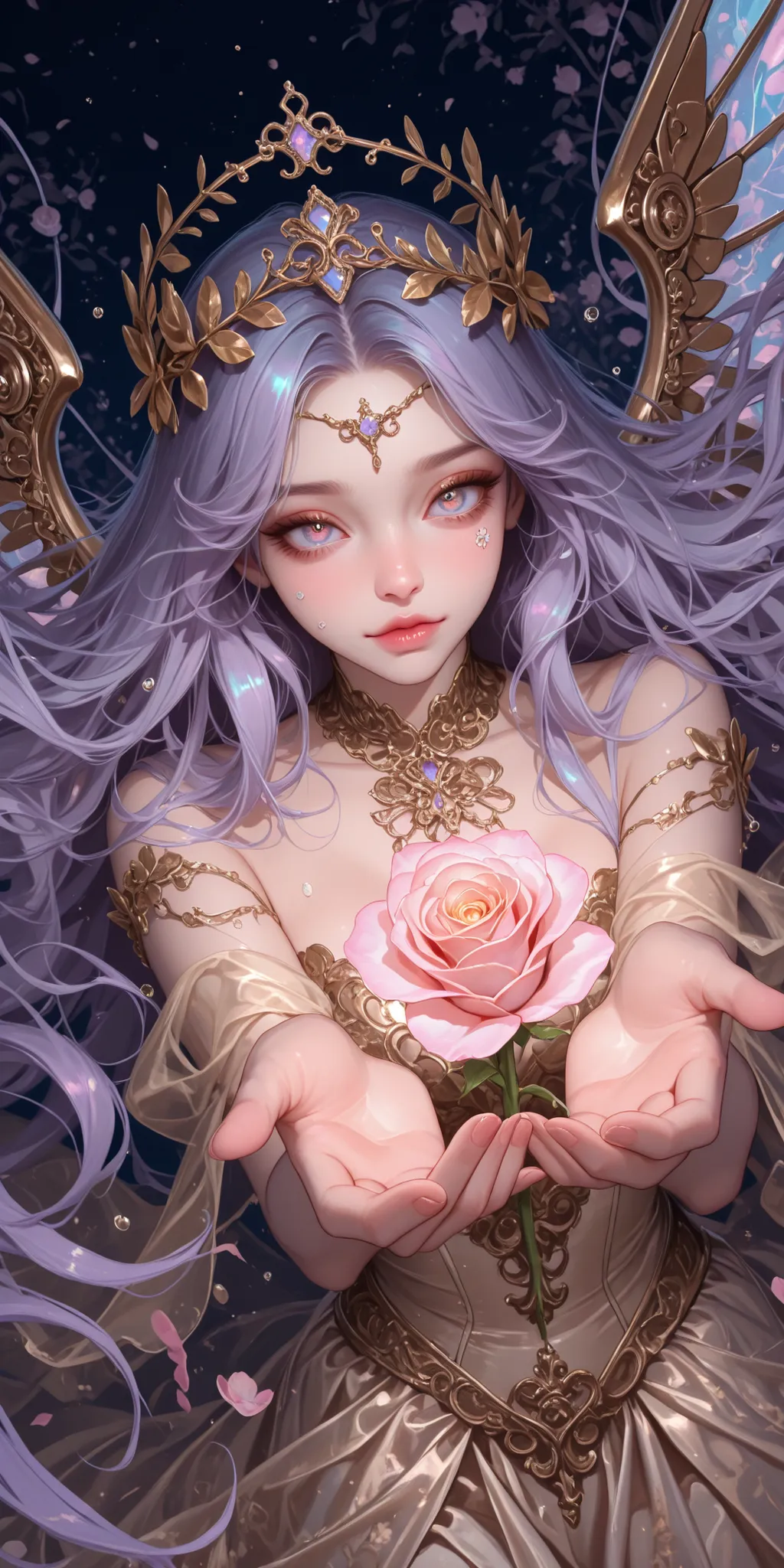 Woman, adult, mechanical wings, golden gown, lace, ornate, reaching out with one hand while holding a glowing pink rose in the other, close up, dynamic pose, dynamic angle, intricate flowers, more close up, spring garland, grayscale, vibrant colors, whimsi...