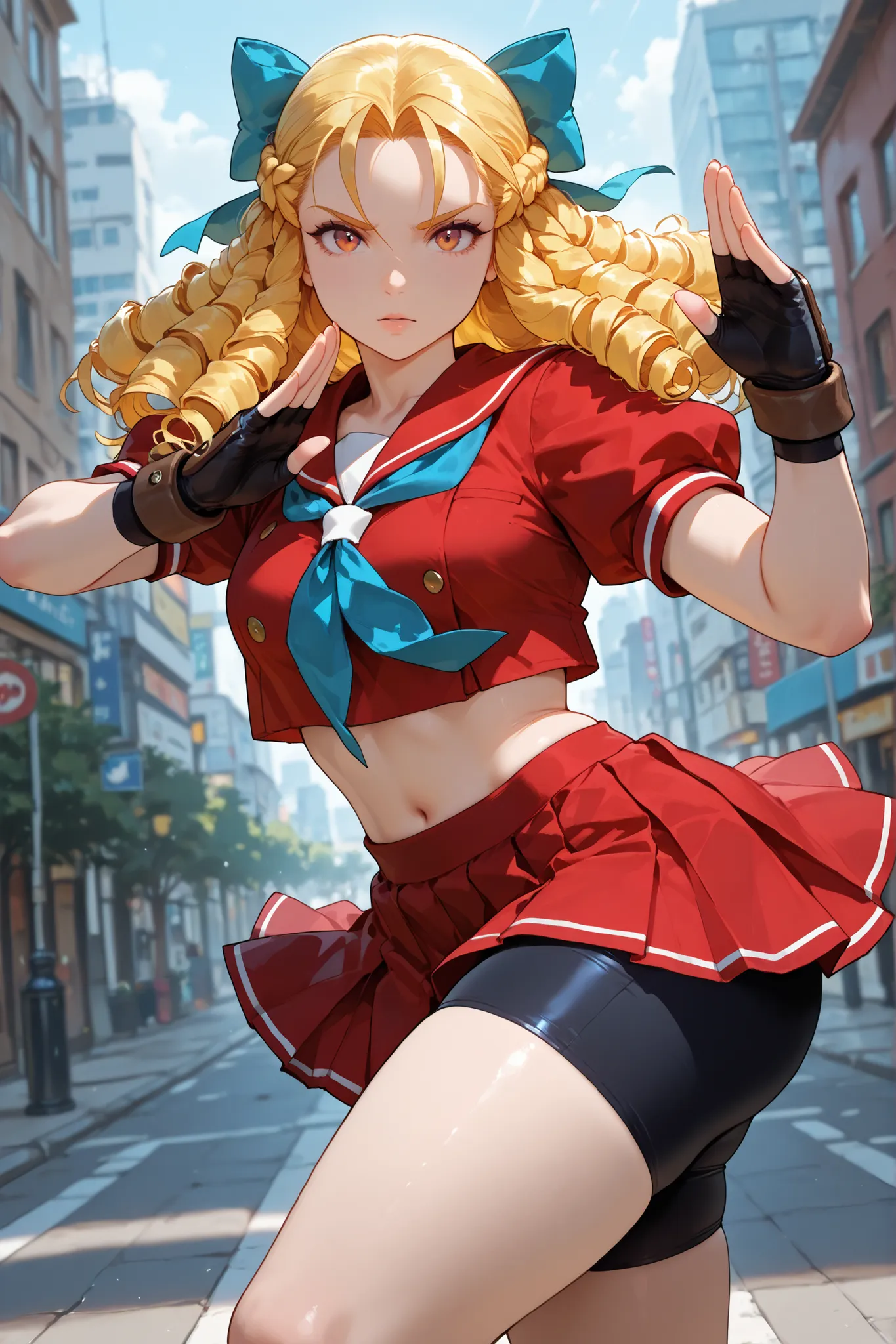 1girl, Karin Kanzuki, blonde hair, drill hair, hair bow, red sailor collar, short sleeves, red shirt, puffy short sleeves, blue neckkerchief, midriff, red skirt, shorts under skirt, fingerless gloves, outdoors, in a square, looking at the viewer, attractiv...