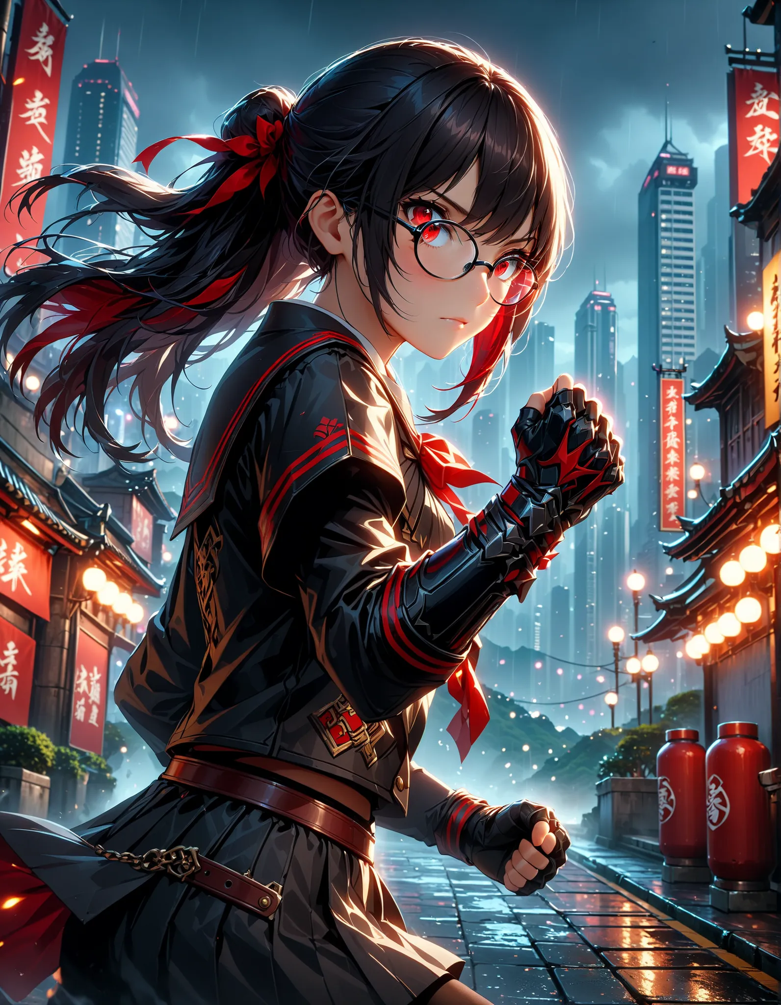 intricate details, detailed background, high res, one girl, long jet black hair with red streaks, glasses, (fingerless gloves), school uniform, grey pantyhose, long sleeve, jacket, loafer,(best quality,4k,8k,highres,masterpiece:1.2), highly detailed portra...