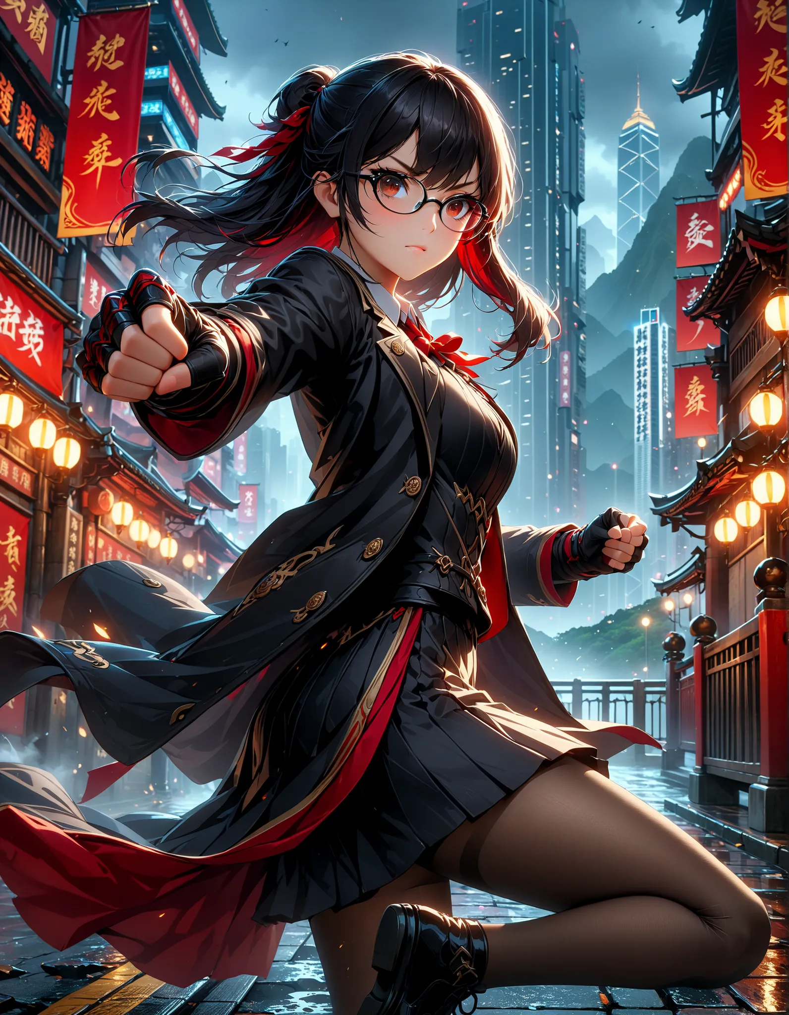 intricate details, detailed background, high res, one girl, long jet black hair with red streaks, glasses, (fingerless gloves), school uniform, grey pantyhose, long sleeve, jacket, loafer,(best quality,4k,8k,highres,masterpiece:1.2), highly detailed portra...