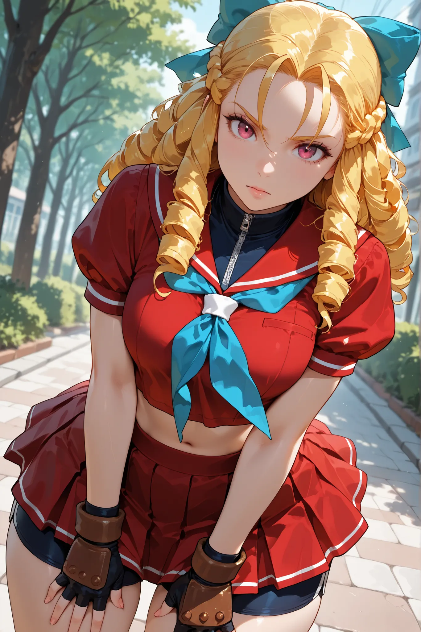 1girl, Karin Kanzuki, blonde hair, drill hair, hair bow, red sailor collar, short sleeves, red shirt, puffy short sleeves, blue neckkerchief, midriff, red skirt, shorts under skirt, fingerless gloves, outdoors, in a square, looking at the viewer, attractiv...