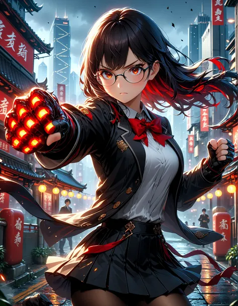 intricate details, detailed background, high res, one girl, long jet black hair with red streaks, glasses, (fingerless gloves), school uniform, grey pantyhose, long sleeve, jacket, loafer,(best quality,4k,8k,highres,masterpiece:1.2), highly detailed portra...