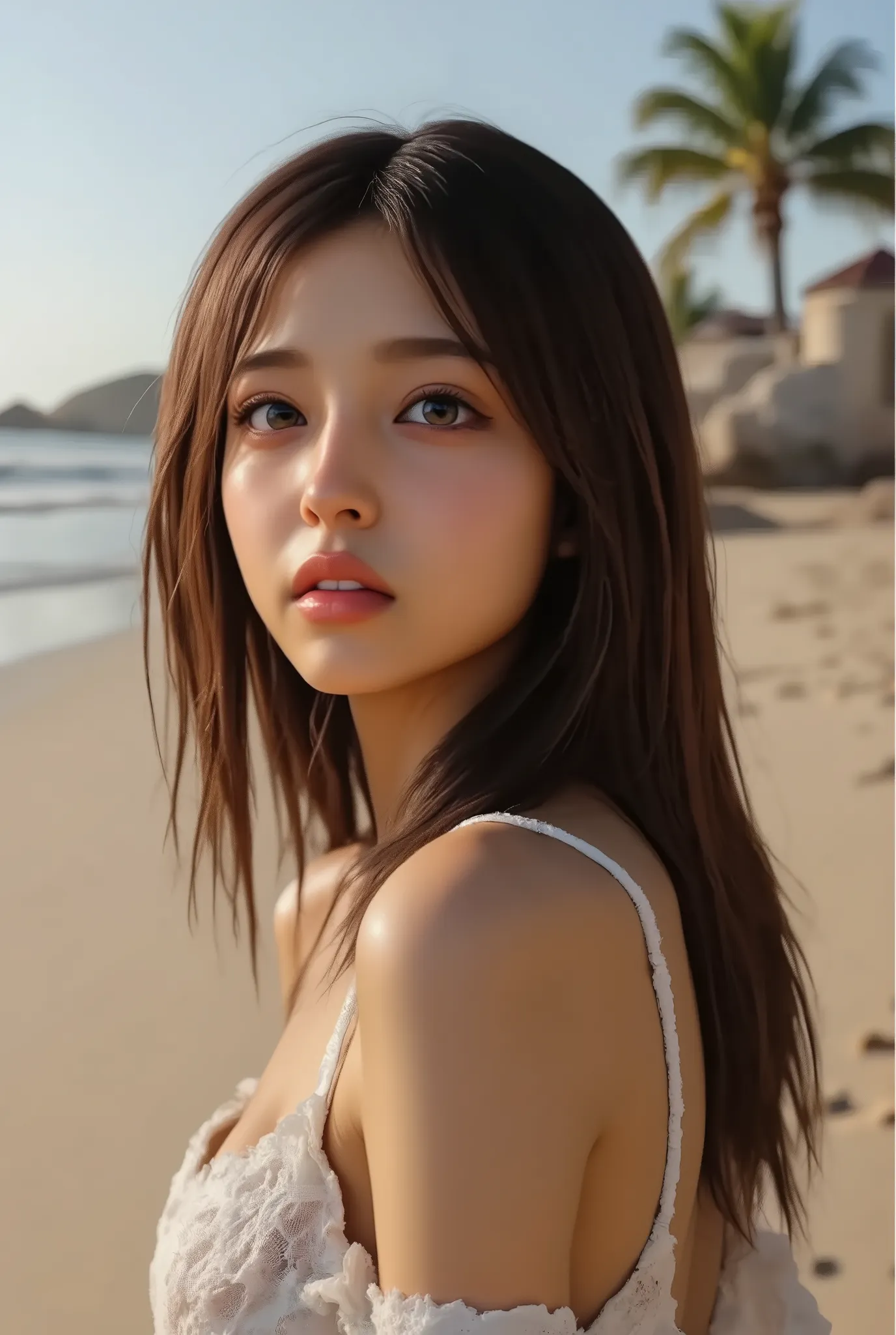 "Breathtaking scene of a shipwreck on a beach with a calm sunset. Amidst the wreckage、a beautiful woman lying, , her delicate figure is、Reminiscent of her noble and mystical origins. her flowing hair, slightly damp hair and messy, in a warm golden light、su...