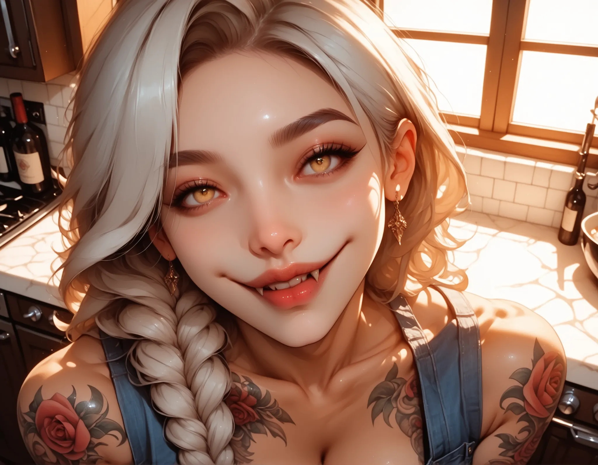 kitchen_interior, warm_tones, soft_texture, 1girl, solo, white_hair, long_hair, braid, yellow_eyes, fangs, large_breasts, muscular_female, chest_tattoo, arm_tattoo, neck_tattoo, apron, tank_top, jeans, smiling, happy, side_view, high_angle, (detailed_face:...