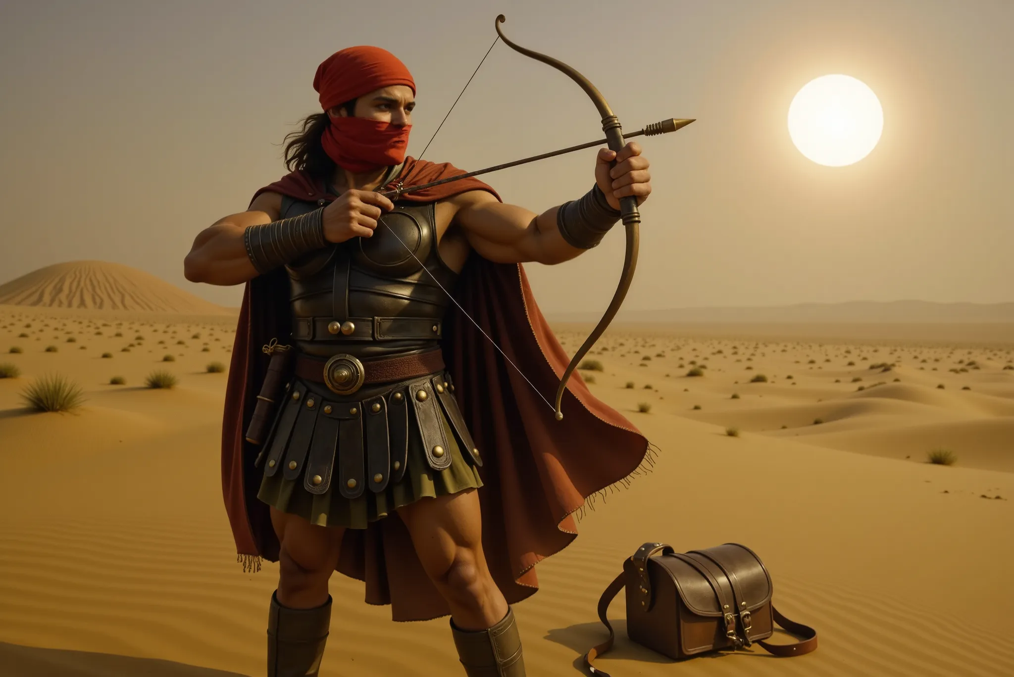 Hercules standing in the Sahara desert wearing leather armor, a red cape, and a leather satchel thrown on the ground at his feet. He has a turban on his head, with a cloth wrapped around his mouth and nose leaving only his eyes visible. He holds a bow, aim...