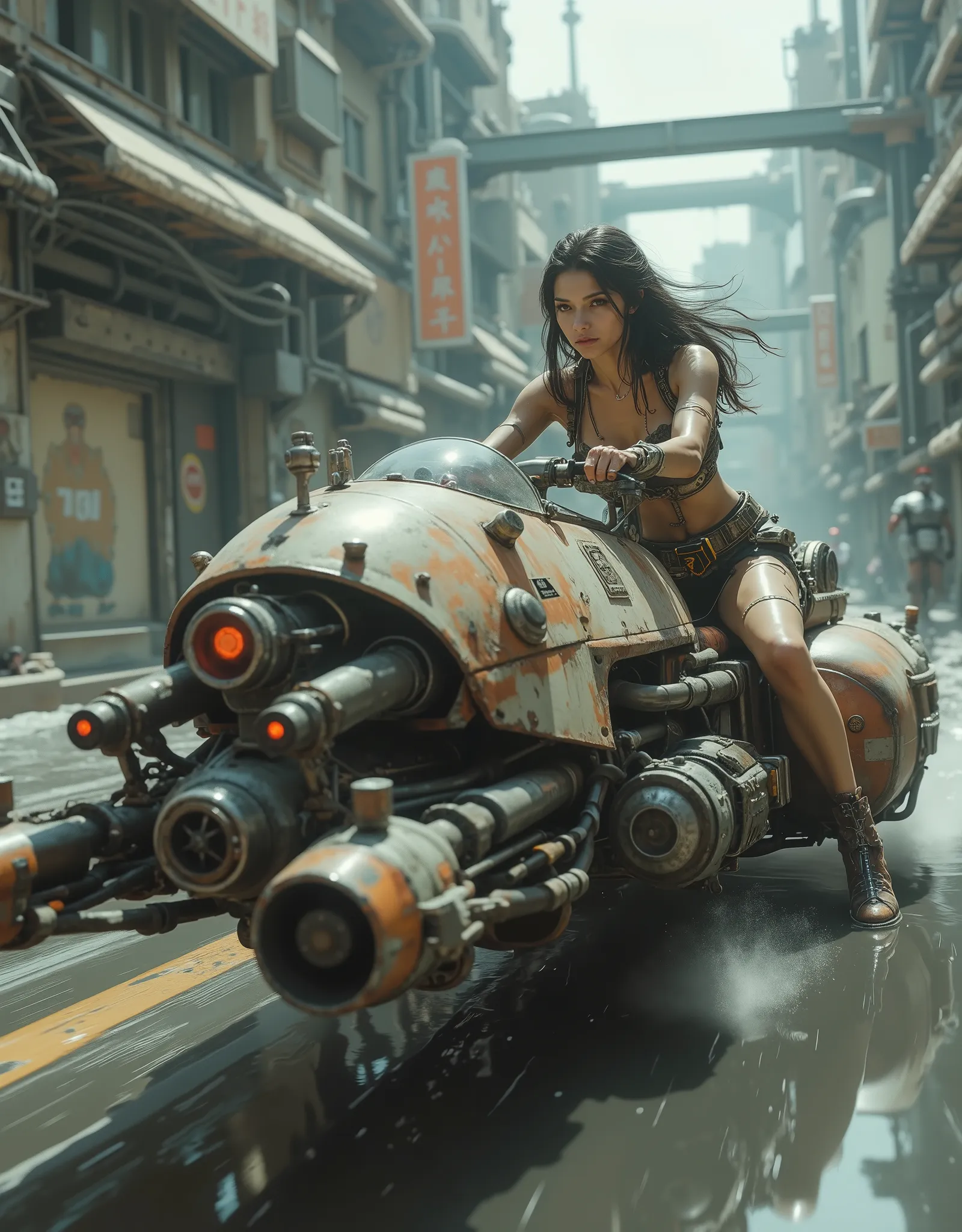 cinematographic photography using the rule of thirds and composition on planes Side photo foto de cuerpo completo counterposed, Luz suave, contrastes sin marcar, una motocicleta retrofuturista (Speeder bicicleta) Vuelo ( bicicleta) inspirado en motociclet...