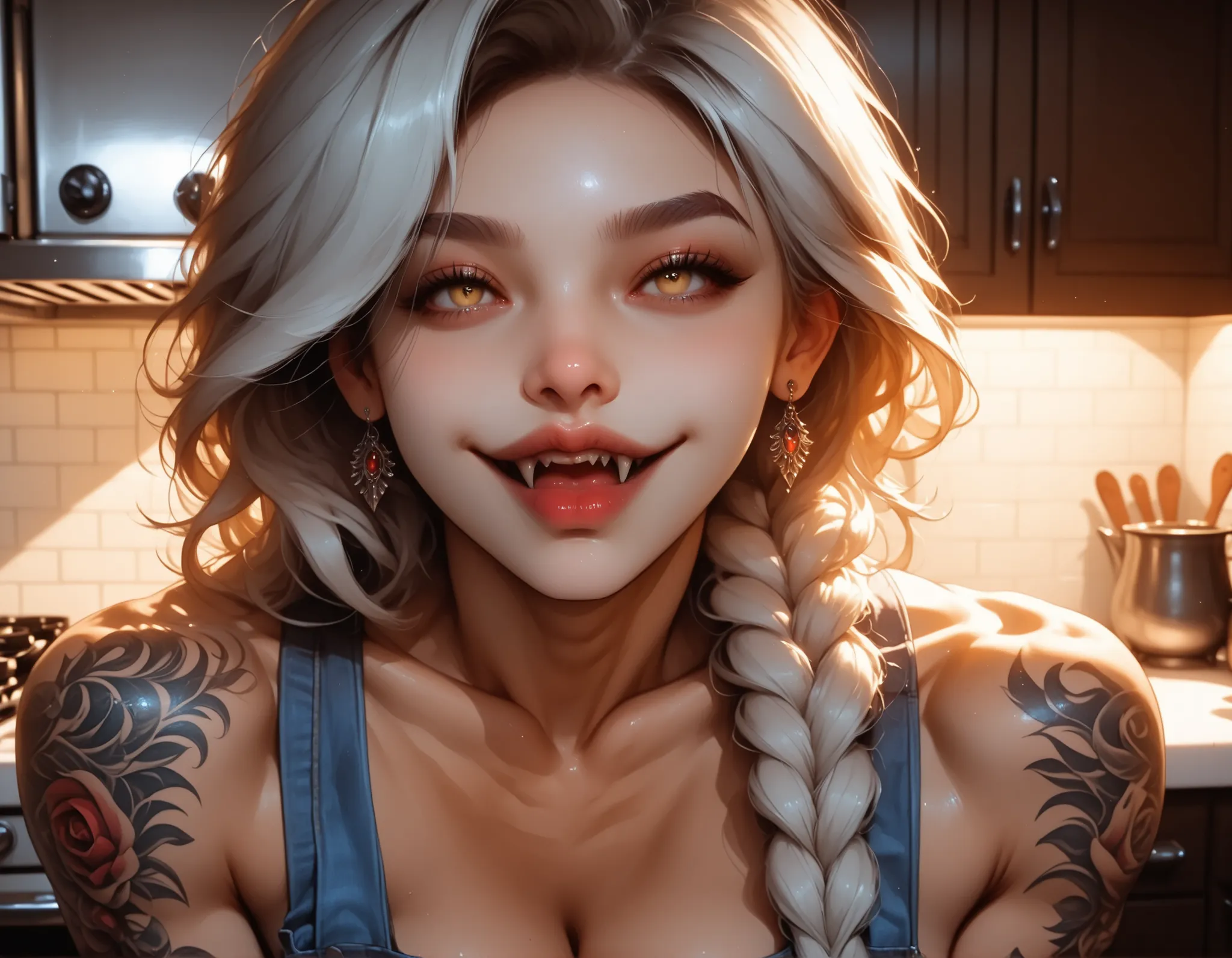 kitchen_interior, warm_tones, soft_texture, 1girl, solo, white_hair, long_hair, braid, yellow_eyes, fangs, large_breasts, muscular_female, chest_tattoo, arm_tattoo, neck_tattoo, apron, tank_top, jeans, happy, side_view, (detailed_face:1.3), (sharp jawline)...