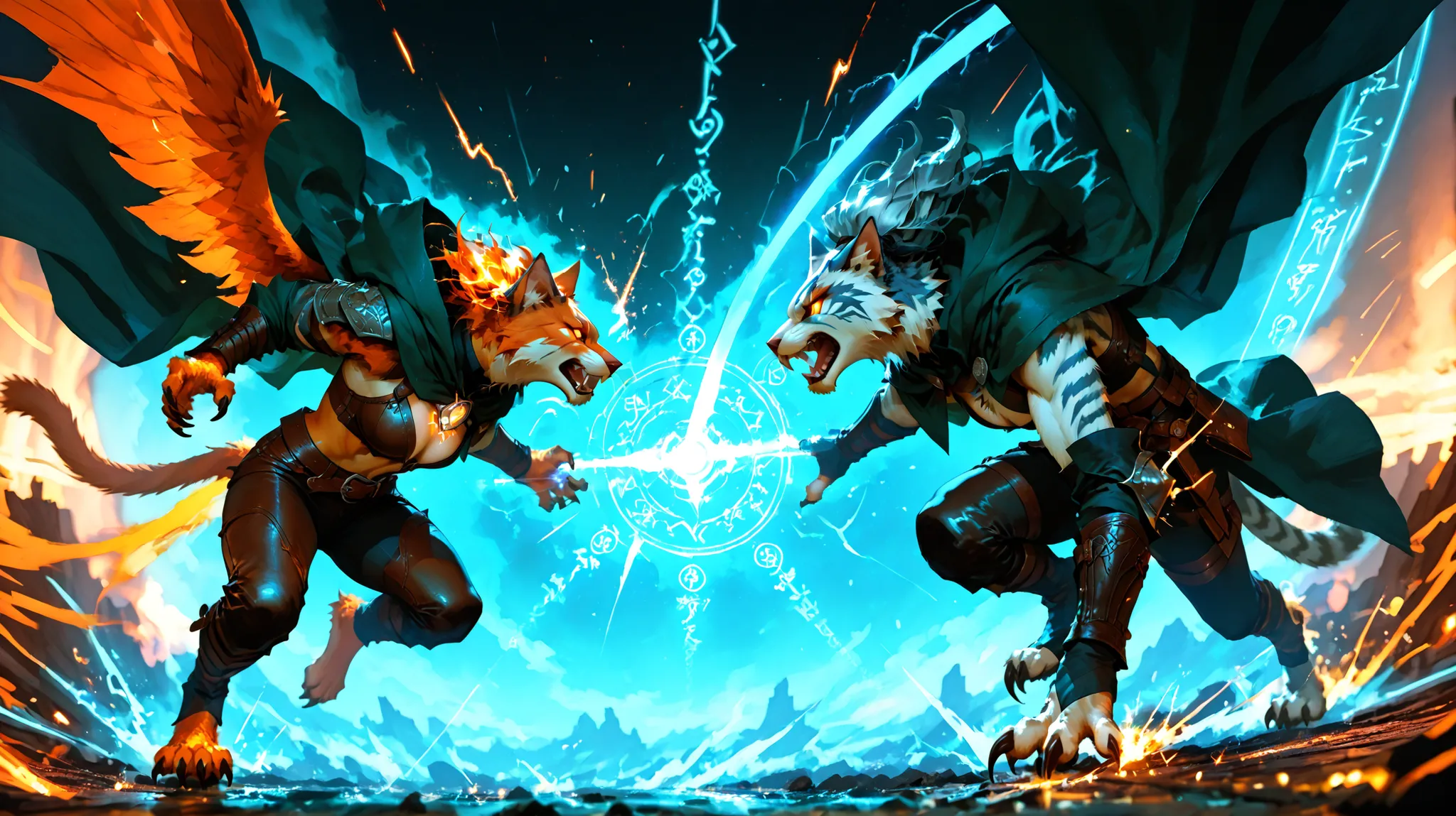 a dramatic battle scene between two anthropomorphic cat warriors, one casting elemental spells with fire and water, wearing a mage's cloak with runes, and the other a wild-haired fighter in leather and denim, slashing through magic with claws and energy, e...