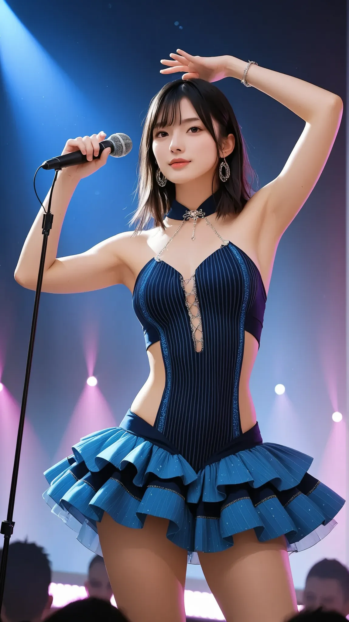 A beautiful Japanese idol girl performed energetically on stage, wearing a shiny bright blue stage costume with vertical stripes and silver fringe. Her dress had a tight top and a swirling fluffy skirt as she moved, decorated with colorful ribbons. Her lon...