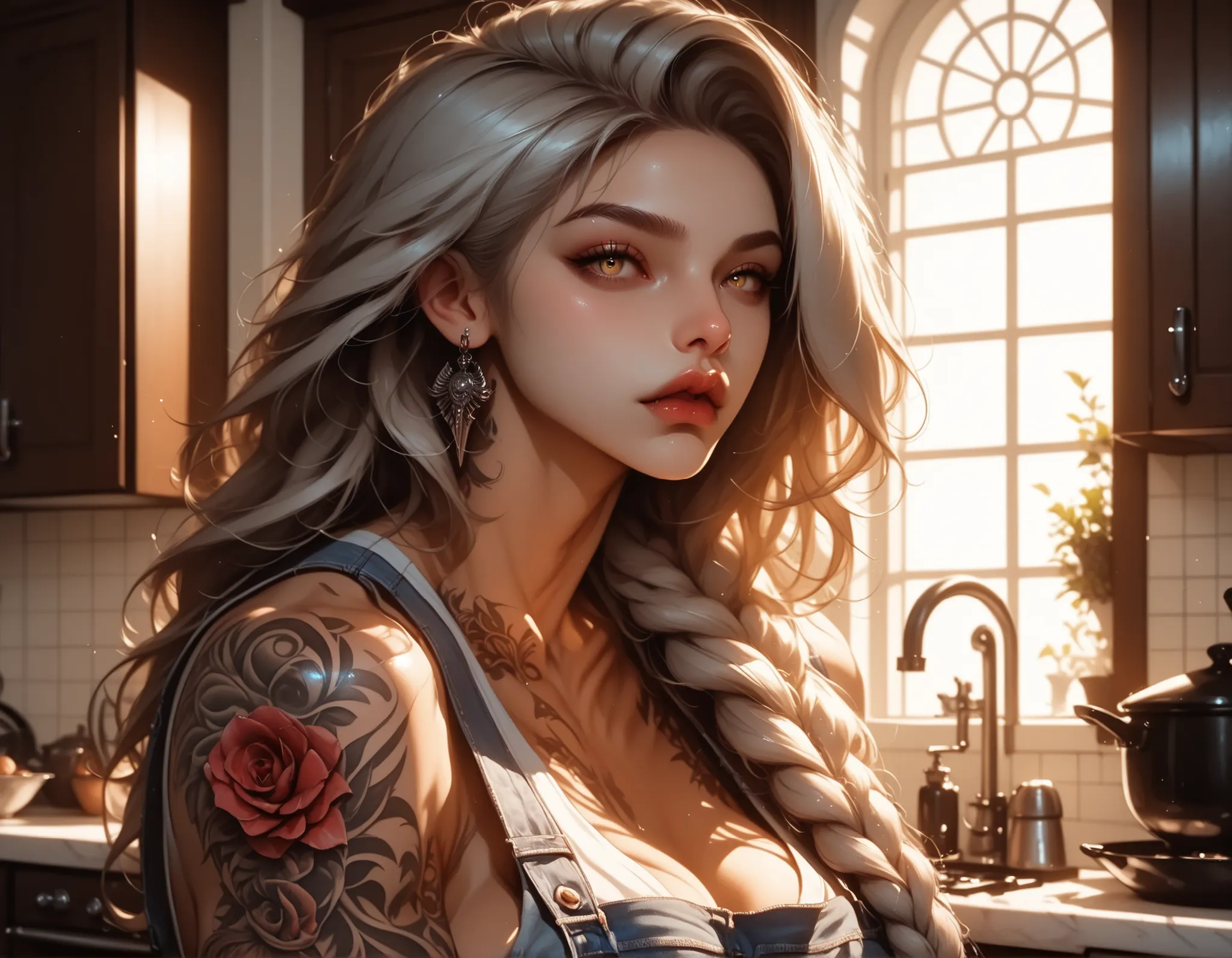 kitchen_interior, warm_tones, soft_texture, 1girl, solo, white_hair, long_hair, braid, yellow_eyes, fangs, large_breasts, muscular_female, chest_tattoo, arm_tattoo, neck_tattoo, apron, tank_top, jeans, focused, side_view, Side_profile, (detailed_face:1.3),...