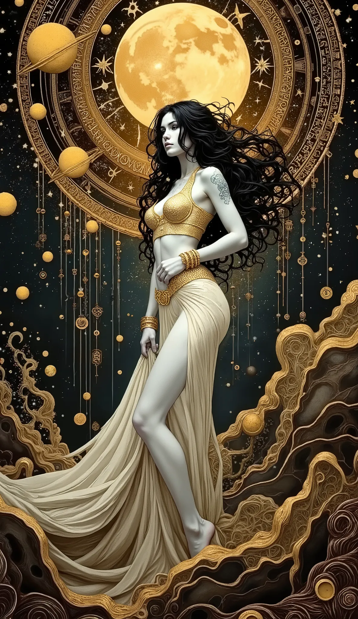 Surreal, symbolic, and very mystical. A shapelyGoddess of magic wear a 2 piece ornate halter around her ample bosom and skirt covering her curvy, stunning long legs, emerges from a vibrant nebula of cosmic dust and arcane symbols, standing statuesque and ...