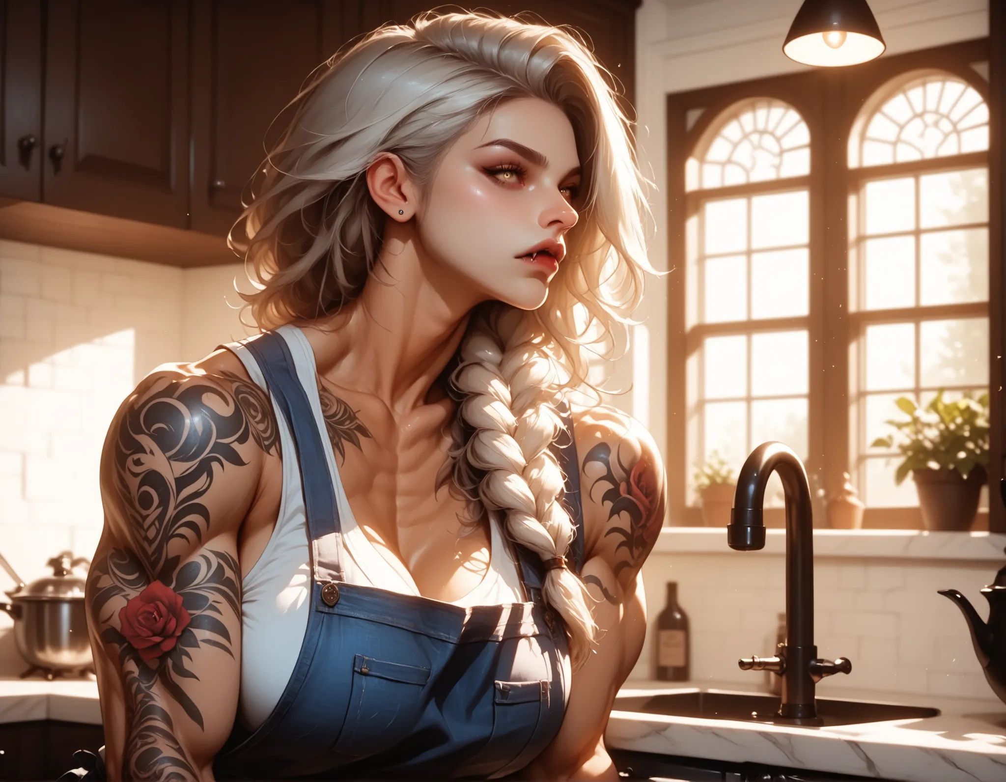 kitchen_interior, warm_tones, soft_texture, 1girl, solo, white_hair, long_hair, braid, yellow_eyes, fangs, large_breasts, muscular_female, chest_tattoo, arm_tattoo, neck_tattoo, apron, tank_top, jeans, focused, side_view, Side_profile, (detailed_face:1.3),...