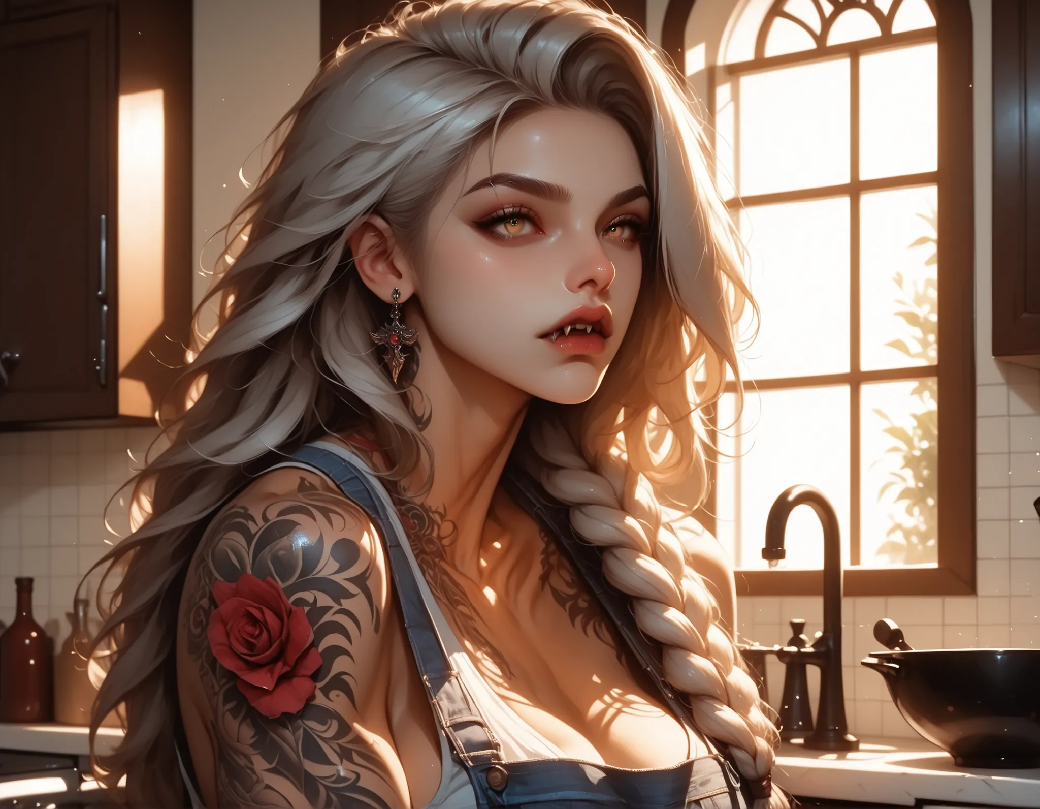 kitchen_interior, warm_tones, soft_texture, 1girl, solo, white_hair, long_hair, braid, yellow_eyes, fangs, large_breasts, muscular_female, chest_tattoo, arm_tattoo, neck_tattoo, apron, tank_top, jeans, focused, side_view, Side_profile, (detailed_face:1.3),...