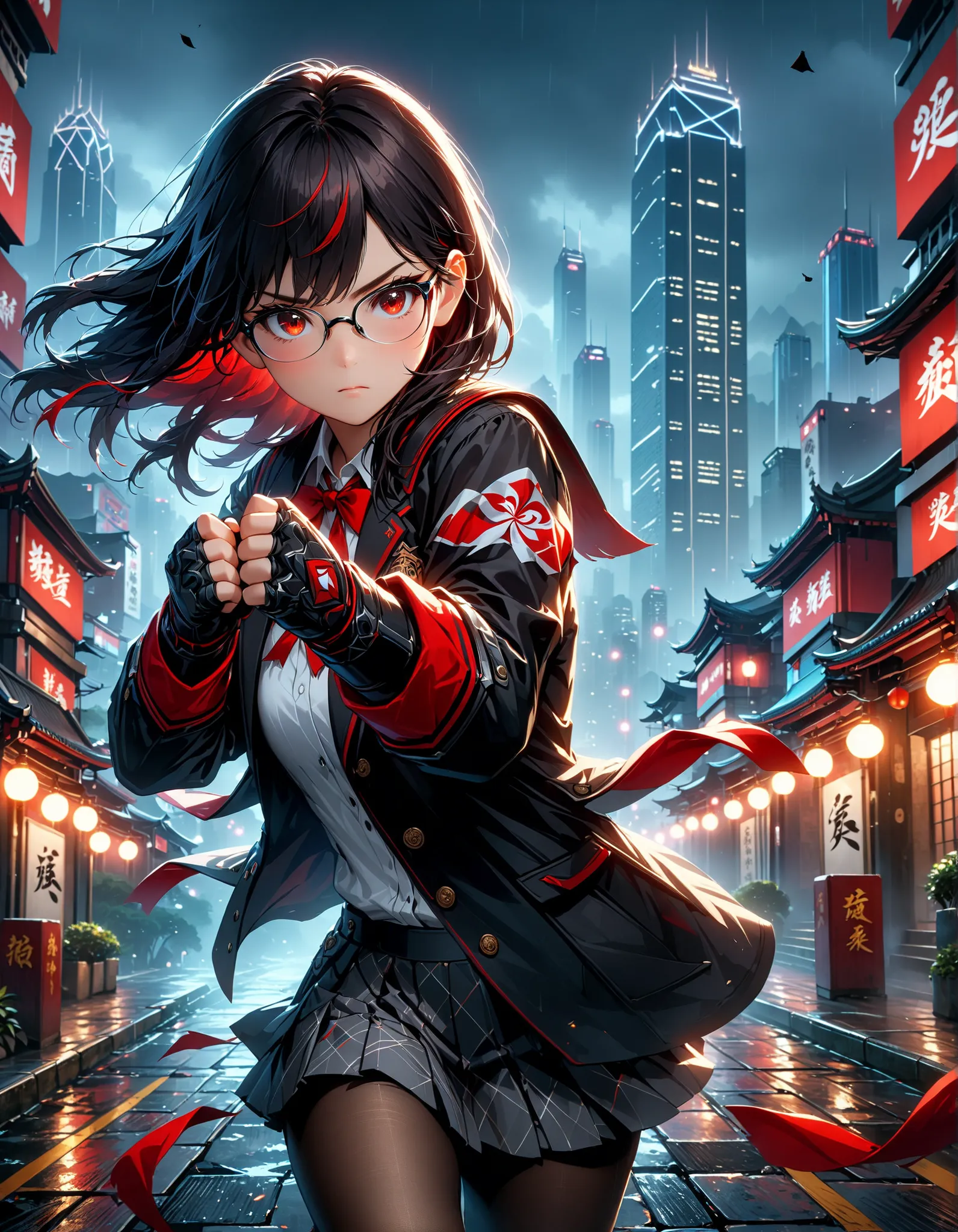 intricate details, detailed background, high res, one girl, long jet black hair with red streaks, glasses, (fingerless gloves), school uniform, grey pantyhose, long sleeve, jacket, loafer,(best quality,4k,8k,highres,masterpiece:1.2), highly detailed portra...