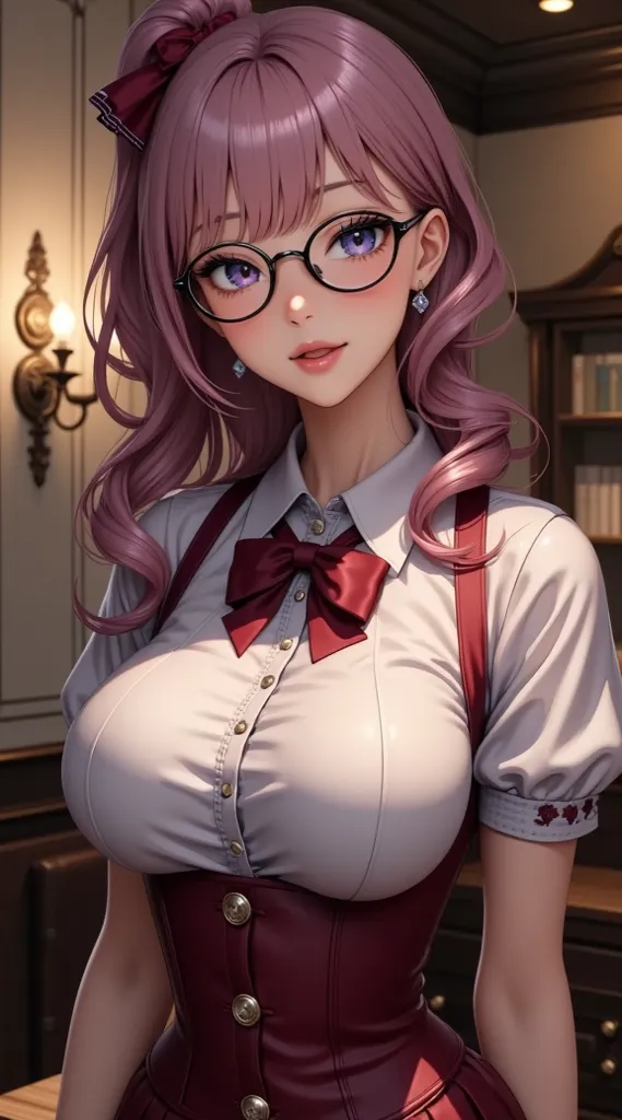  (Masterpiece,  computer, mejor quality,  Clear focus, shadow, anime style, Ultra-High Resolution, 8K, perfect anatomy, rostro perfecto, (detailed face), (  Detailed eye  ), score_9, score_8_up, score_7_up, score_6_up, score_5_up, score_4_up,  source _animated, Label 1, Label2, quality_Masterpiece, ANATOMICALLY CORRECT, beautiful face, rostro perfecto, Beautiful and highly detailed face and eyes, Attractive face, detailed face, delicate facial features, detailed leather, huge breasts, breast size cup D or DD, wide hips, gigantic butt, thick thighs. Anime style illustration of a beautiful woman with an elegant and sensual look in the style of a modern Victorian governess, long and wavy hair in pastel pink tones with blue highlights, combed with side ponytail and decorative red bow, large and shiny pink eyes, modern glasses with dark frame, friendly and slightly flirty expression, with dark red corset with floral details and buttons at the front, white blouse with fitted neckline and decorative trim, burgundy ribbon bow on the neck, small and shiny earrings, luxurious interior background with warm lighting, decorated walls and antique wall lamps, Detailed anime style, arte digital de alta quality, refined and attractive aesthetics.