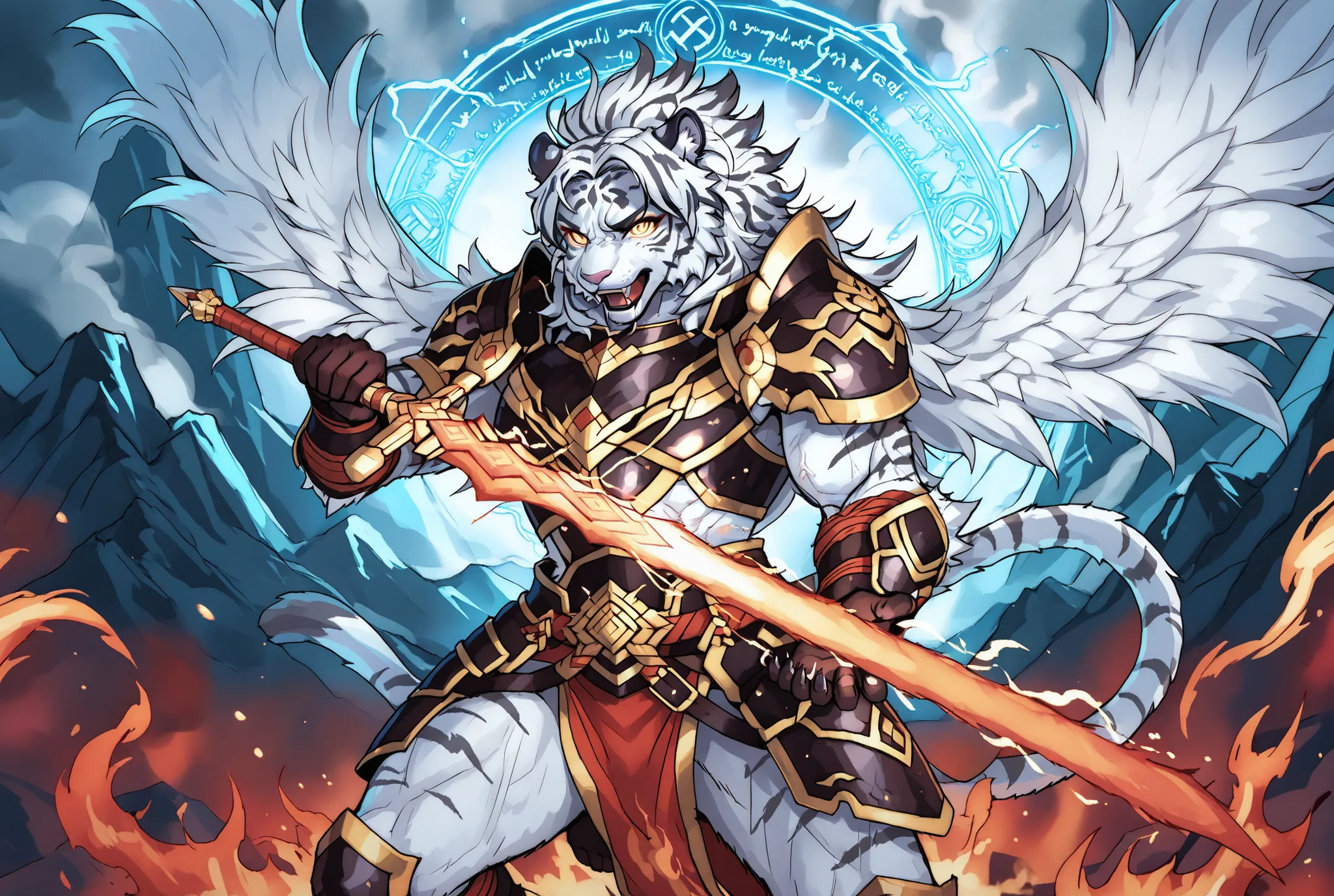 Epic battle scene between an anthropomorphic fiery wolf warrior and a white tiger warrior, both wearing dark fantasy armor, clashing in a burst of magical energy. The wolf has flames coming from his mane and wings, while the white tiger emits icy blue aura...