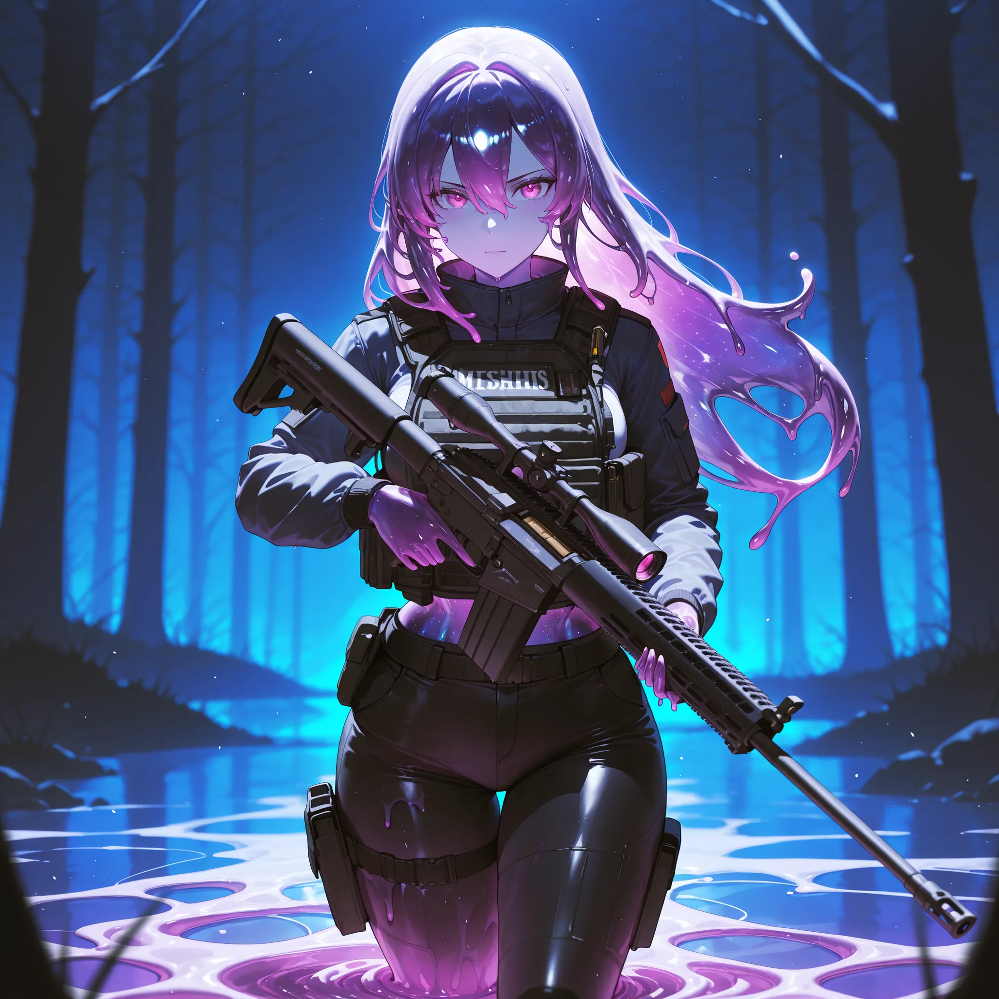 masterpiece,best quality,amazing quality,ultra-detailed,very aesthetic,sharp focus,depth of field,vibrant colors,ray tracing,best lighting,detailed illustration,detailed background,cinematic,(EyesHD:1.2),beautiful eyes,Solo_female,slime girl,galaxy colored...