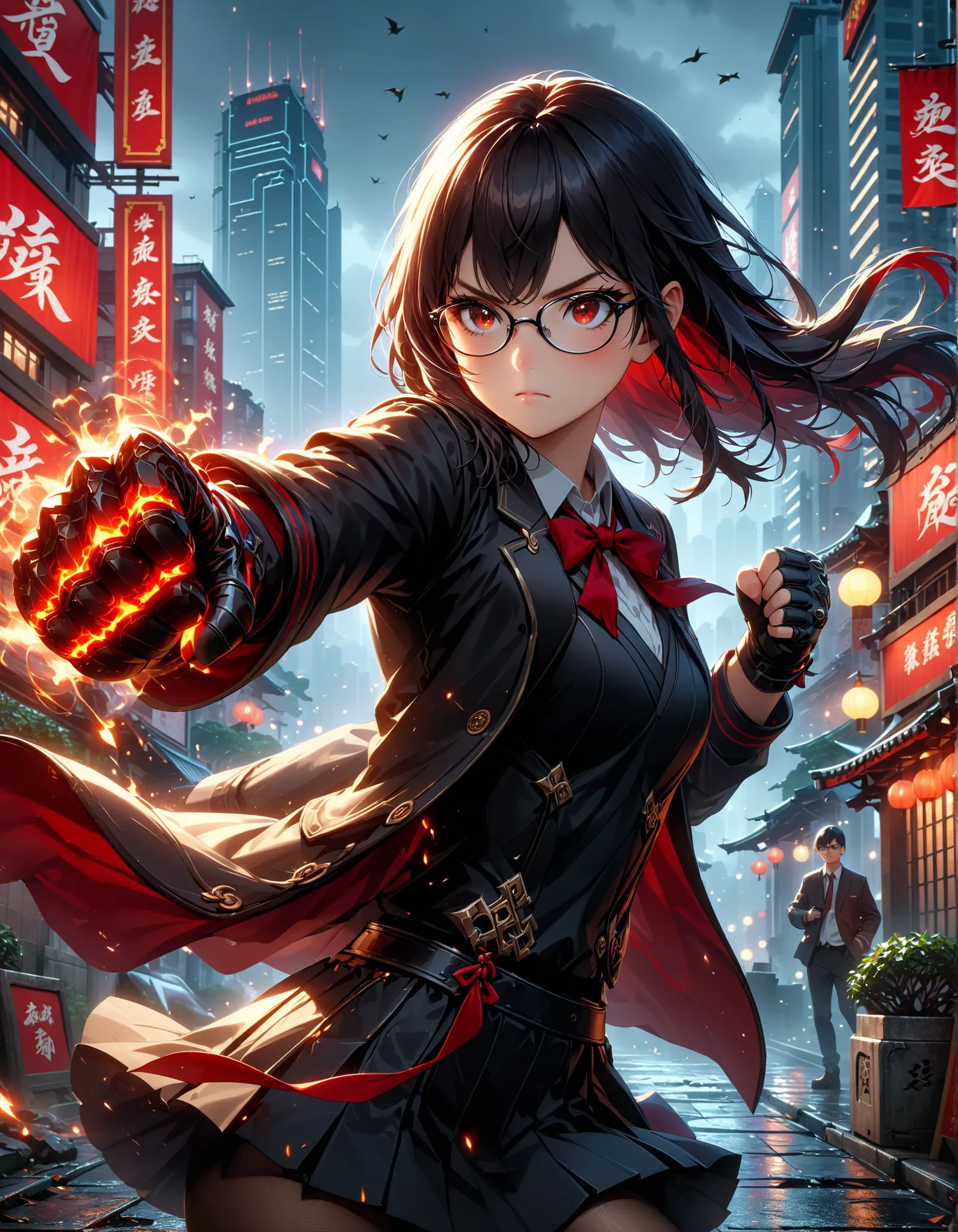 intricate details, detailed background, high res, one girl, long jet black hair with red streaks, glasses, (fingerless gloves), school uniform, grey pantyhose, long sleeve, jacket, loafer,(best quality,4k,8k,highres,masterpiece:1.2), highly detailed portra...