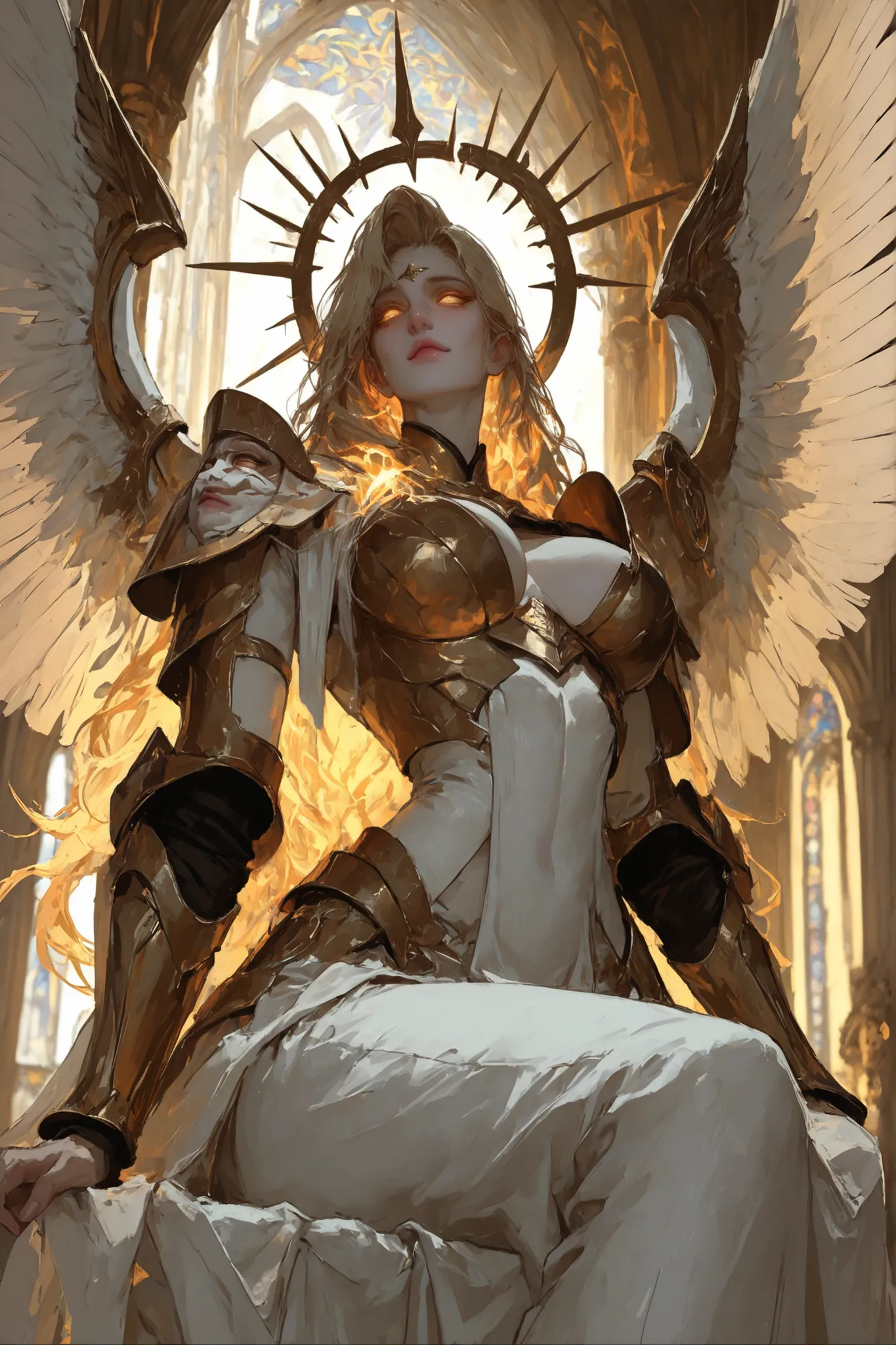 female, solo, huge woman, very tall, long silky blonde hair, partial mask, iron framing a beautiful face, gold eyes, glowing eyes, armor, baroque metal, armor, fluted, esoteric design, holy, gentle smile, white wings, large breasts, angel, pale skin, glowi...