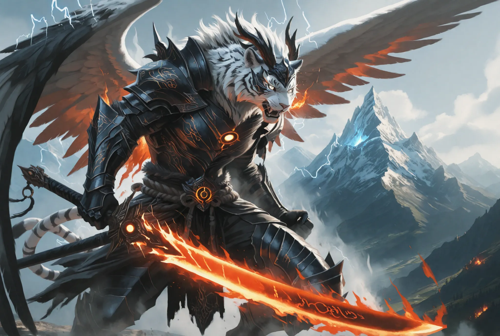 Epic battle scene between an anthropomorphic fiery wolf warrior and a white tiger warrior, both wearing dark fantasy armor, clashing in a burst of magical energy. The wolf has flames coming from his mane and wings, while the white tiger emits icy blue aura...